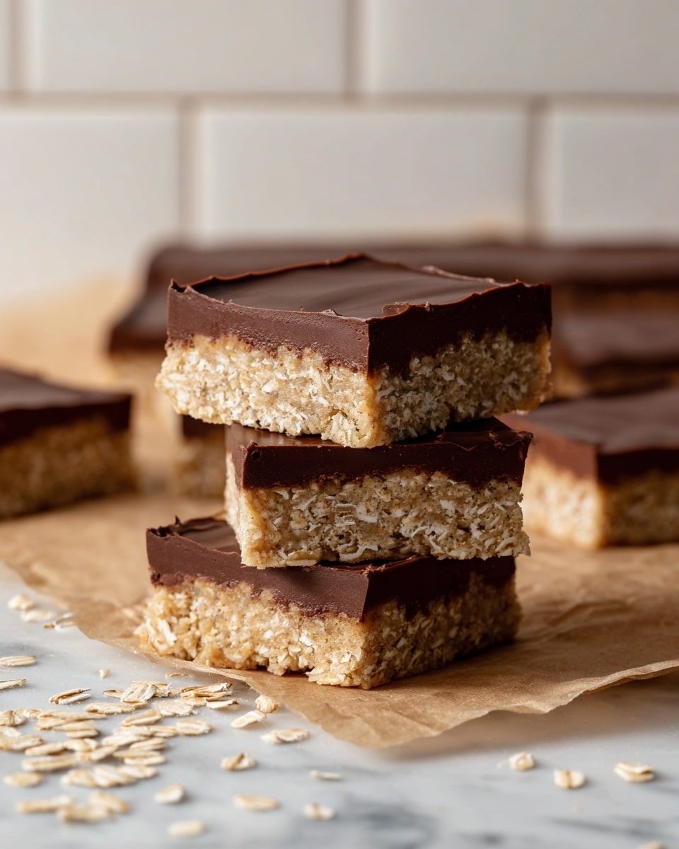 The image shows a stack of square treats with two visible layers: a thick bottom layer that is light beige and grainy with a crumbly texture, resembling an oat or rice base, and a smooth, glossy dark brown top layer that looks like chocolate fudge or ganache. Each square piece is neatly cut with clean edges, and the top layer has slight, soft waves and a few small air bubbles. The treats are stacked unevenly on a white marbled surface, with some oat flakes scattered around, adding a rustic touch. In the background, there is a blurred white tiled wall and a white bowl filled with oats. photo taken with an iphone --ar 4:5 --v 7