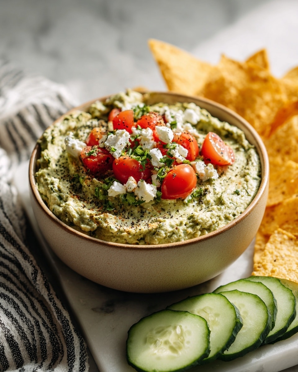 A rustic bowl filled with a creamy green dip containing small white cheese pieces, chopped cilantro, diced red tomatoes, and specks of black pepper on top. Around the bowl, there are pale yellow triangular chips on the left and fresh green cucumber slices arranged in a row below. The bowl rests on a white marbled surface with a striped cloth visible in the background. photo taken with an iphone --ar 4:5 --v 7