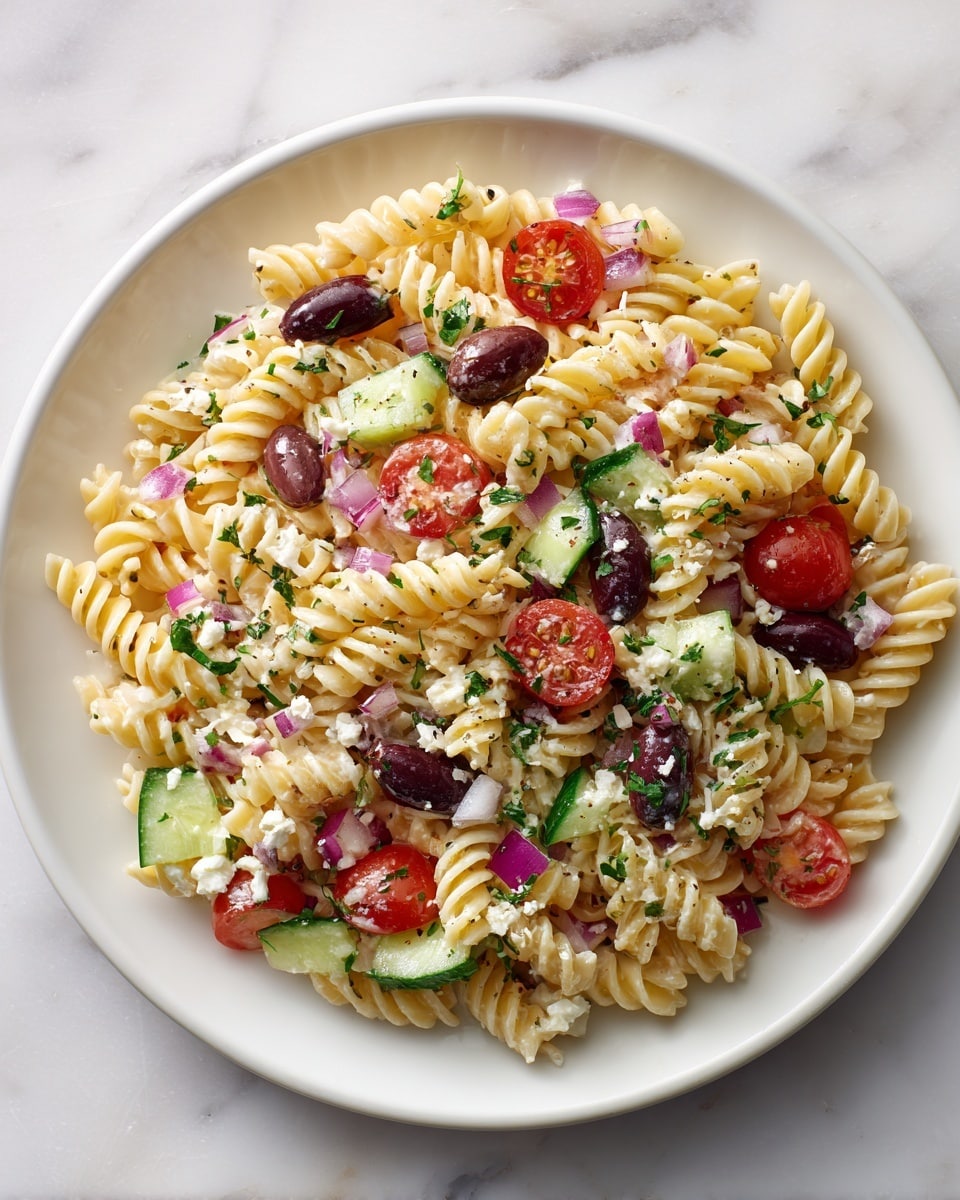 A white plate holds a pile of spiral-shaped pasta that has a light cream color and soft texture as the base layer. Scattered on top are sliced cucumber pieces with a bright green outer skin and pale green inside, halved cherry tomatoes showing a glossy red color, black shiny olives, and small bits of diced purple onion. The whole dish is lightly sprinkled with finely chopped green herbs and grated white cheese that adds texture and detail. The plate sits on a white marbled surface with a softly blurred background. photo taken with an iphone --ar 4:5 --v 7