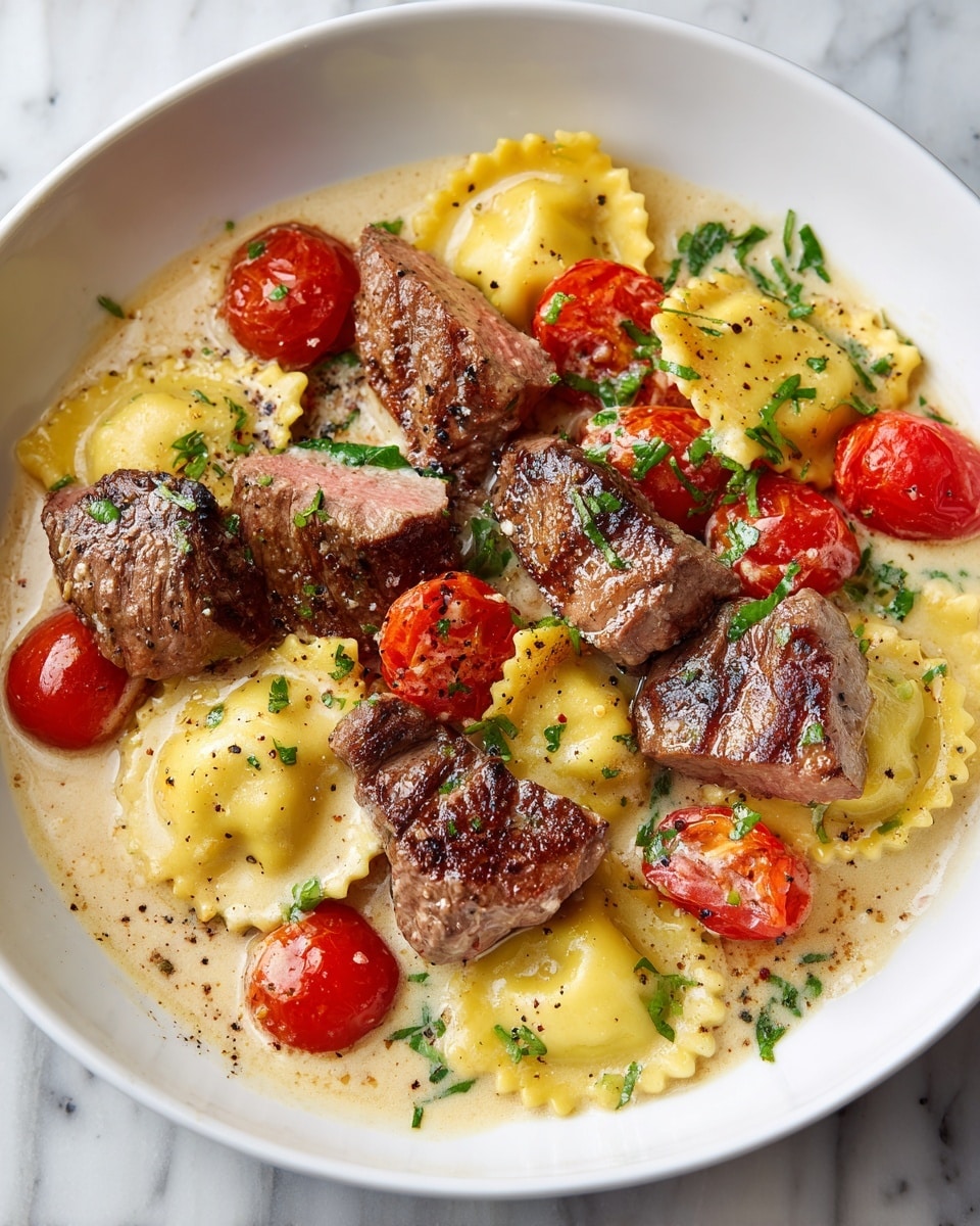 A white bowl holds a rich dish with three main layers: the bottom layer is a creamy light brown sauce speckled with black pepper and bits of green herbs, the middle layer features golden yellow ravioli with scalloped edges spaced evenly around the bowl, and the top layer contains several pieces of medium-rare steak, browned on the outside with a pink center, placed near the center. Small roasted cherry tomatoes and chopped green herbs are scattered around the dish, adding pops of red and green color. The texture is creamy and smooth from the sauce, soft and firm from the ravioli, and juicy and tender from the steak. photo taken with an iphone --ar 4:5 --v 7