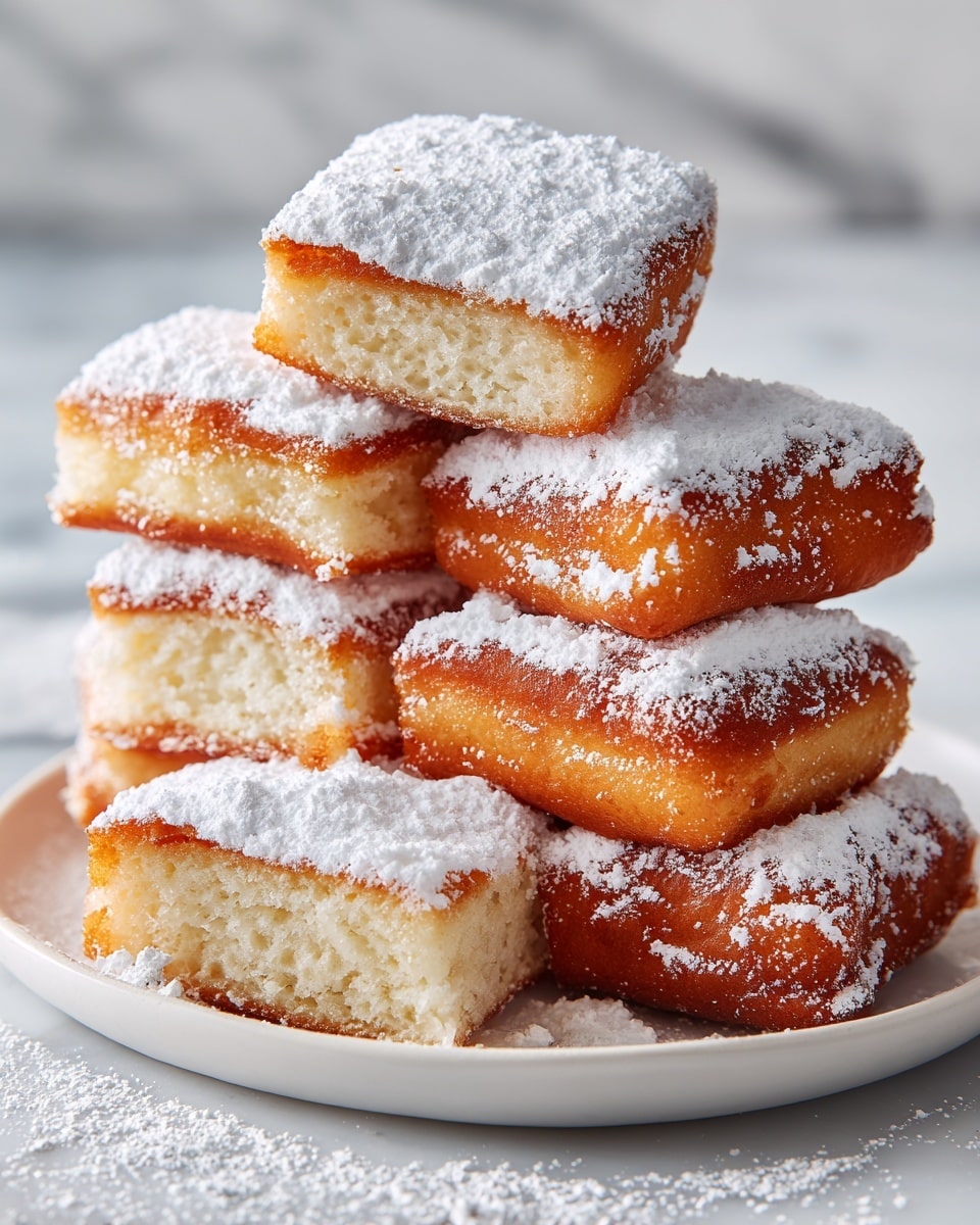 A stack of seven golden brown square doughnuts sits on a white plate, arranged in a layered pile with three doughnuts at the bottom, three in the middle, and one on top. Each doughnut has a light fluffy texture with slightly darker edges and is covered with a thick dusting of white powdered sugar that contrasts with the warm brown crust. The plate rests on a white marbled surface that softly reflects light. photo taken with an iphone --ar 4:5 --v 7