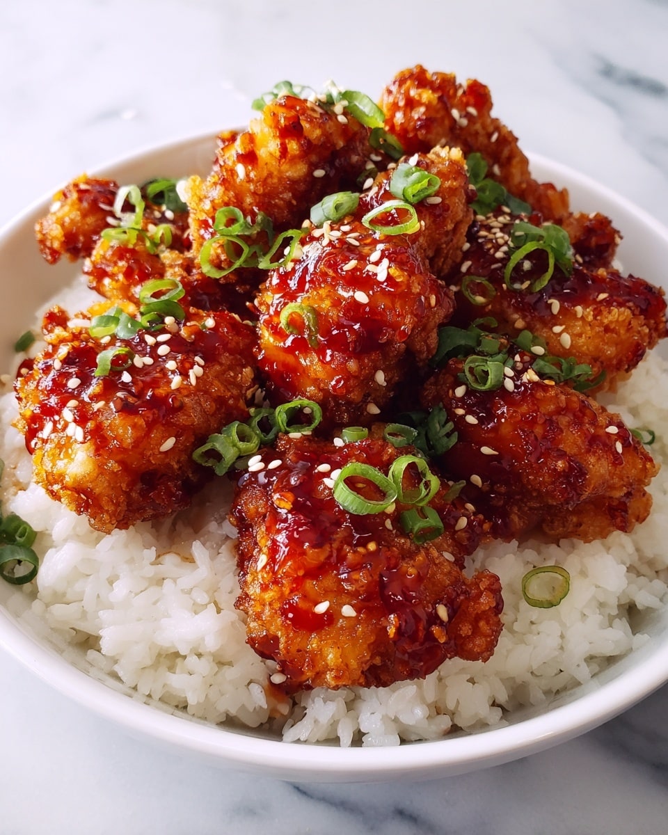 A round white bowl is filled with cooked white rice that covers the bottom and sides, creating a fluffy white base layer. On top of the rice lies a generous layer of orange-red glazed fried chicken pieces, coated in a sticky sauce with a shiny texture. The chicken is sprinkled with small white sesame seeds, adding contrast and detail. Fresh green sliced scallions are scattered over the chicken, providing a pop of bright green color. The bowl sits on a white marbled surface. Photo taken with an iphone --ar 4:5 --v 7