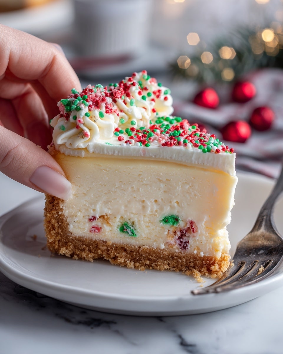 A small round cheesecake is shown with one slice cut out. It has a light brown crumbly crust at the bottom, a thick creamy beige middle layer with red and green pieces inside, and a smooth, pale cream-colored top layer sprinkled densely with red and green small round sprinkles. The cake is on a white plate, with a blurred festive background that includes red and green colors. A woman's hand is gently holding the removed slice from the front side. Photo taken with an iphone --ar 4:5 --v 7