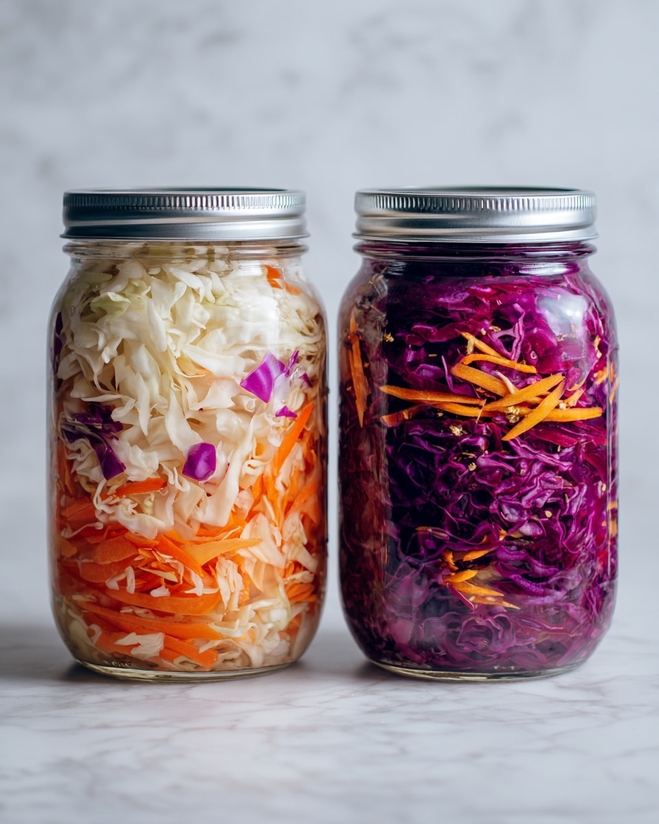 Two clear glass jars with silver lids sit side by side on a white marbled surface. The jar on the left is filled with shredded white cabbage, bright orange carrot strips, and small pieces of purple cabbage, showing a mix of light cream, orange, and purple colors in layers packed closely together. The jar on the right contains deep purple-red shredded cabbage with thin orange carrot slices and some yellowish seasoning spread evenly throughout, creating a rich and vibrant purple and orange mix. Both jars have a slightly wet, glossy texture from the juices inside. Photo taken with an iphone --ar 4:5 --v 7