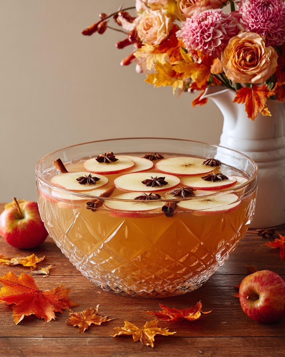 A large, clear glass bowl with a textured diamond pattern holds a warm amber-colored drink. Floating on top are five slices of green apple shaped like hearts, each with a visible core and one or two star anise pieces. Two cinnamon sticks also float in the liquid, adding deep brown lines across the surface. Around the bowl are scattered bright orange, yellow, and green fall leaves, resting on a wooden table with a white marbled texture background. In the background, there is a white pitcher filled with red and orange flowers and green leaves, enhancing the autumn feel. Photo taken with an iphone --ar 4:5 --v 7