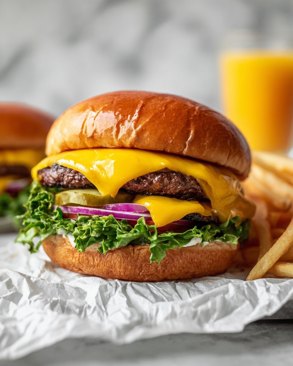 A close-up of a cheeseburger with a shiny, golden brown top bun, layered with two melted bright yellow cheddar cheese slices over two thick, juicy beef patties. Underneath is a bed of fresh green leafy lettuce on the bottom bun. Between the cheese and the top bun are thin, translucent slices of red onion, green pickles, and some ketchup and mustard peeking out. The burger sits on white crinkled parchment paper, with a pile of golden, crispy French fries to the right. In the blurred background, there is a glass with orange juice, all set on a white marbled texture. Photo taken with an iphone --ar 4:5 --v 7