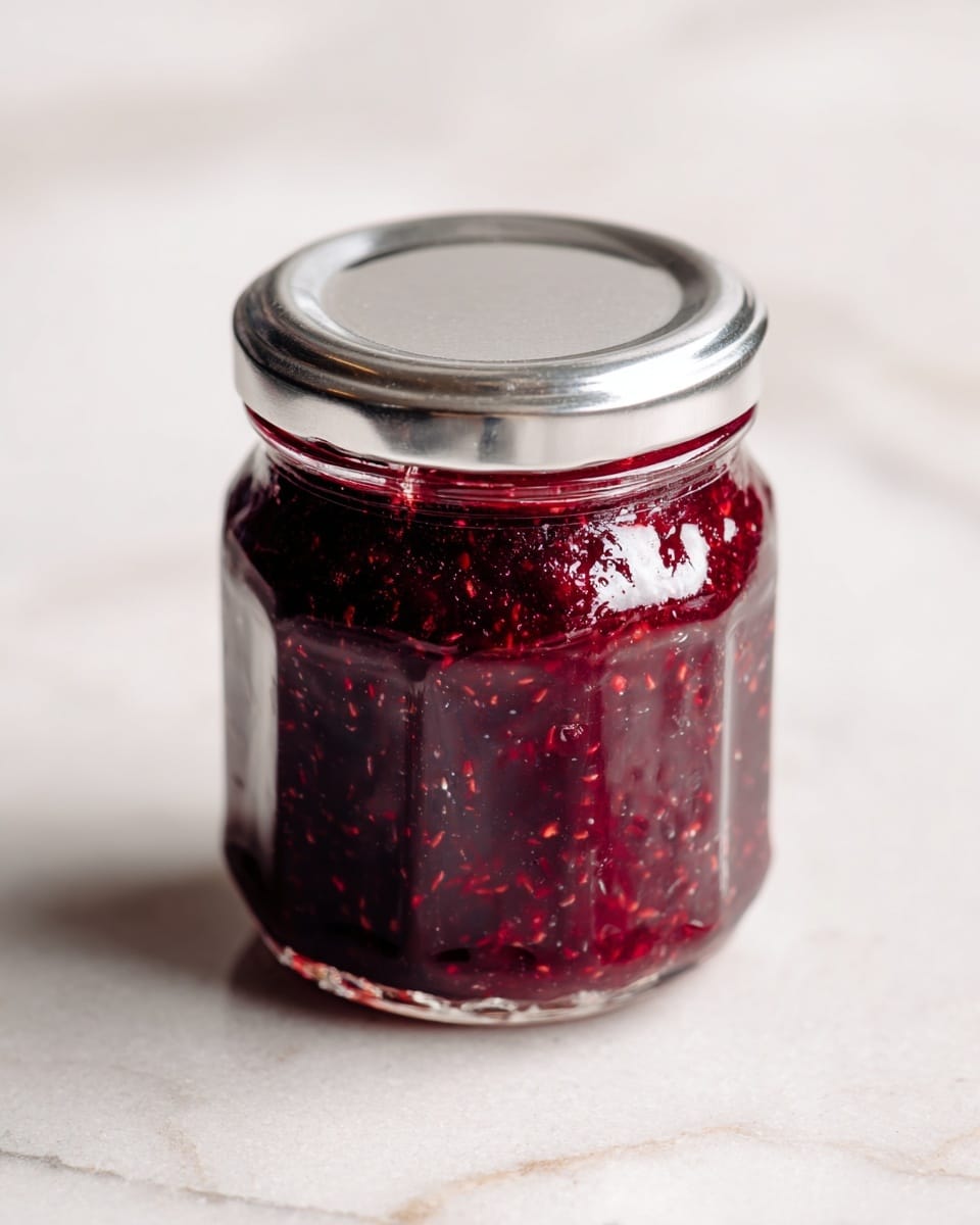 A small clear glass jar filled with a dense, textured dark red berry jam that shows whole berry pieces and a glossy, sticky surface. The jar has a silver metal lid tightly screwed on, reflecting soft light. It is placed on a white marbled surface with a blurred white background, highlighting the rich color and texture of the jam inside. photo taken with an iphone --ar 4:5 --v 7