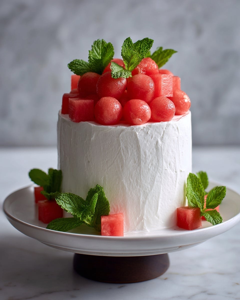 A tall, smooth white cake with one thick layer covered in lightly textured white frosting sits on a white cake stand. The top of the cake is decorated with a heap of round and cube-shaped pink watermelon balls and cubes, scattered with small bright green mint leaves. Around the base of the cake, scattered pieces of watermelon and mint leaves add a fresh touch. The background has a white marbled texture. photo taken with an iphone --ar 4:5 --v 7