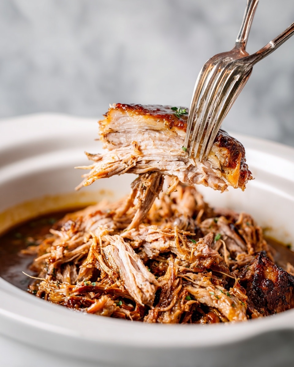 A close-up view shows shredded pork roast with a browned, caramelized crust being pulled apart with two silver forks; the meat is light pink with a juicy, tender texture and glossy gravy coating the outer edges. Below, a white crock pot filled with more shredded pork in a rich, thick brown gravy is visible, with a fork resting inside the pot. All items are set against a white marbled surface. Photo taken with an iphone --ar 4:5 --v 7