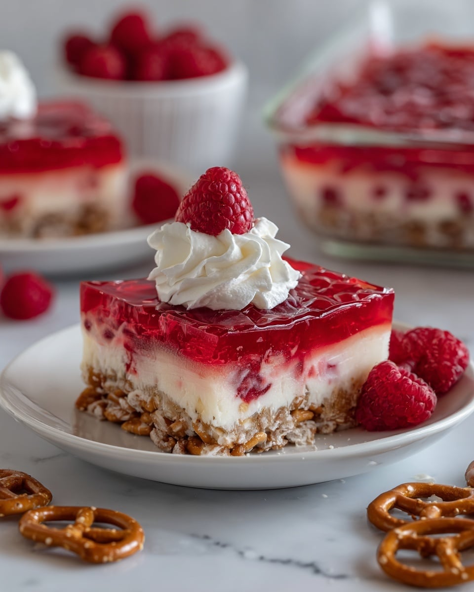 The image shows a square slice of a layered dessert on a white plate placed on a white marbled surface. The dessert has three clear layers: the bottom layer is a crunchy, golden-brown pretzel crust; on top of that is a thick white creamy layer with bits of red raspberries mixed in; the top layer is a shiny, transparent red gelatin studded with whole raspberries. A dollop of white whipped cream sits on top of the dessert, crowned with one fresh raspberry. In the background, part of the larger dessert in a glass dish and a white bowl filled with raspberries are visible. Photo taken with an iphone --ar 4:5 --v 7
