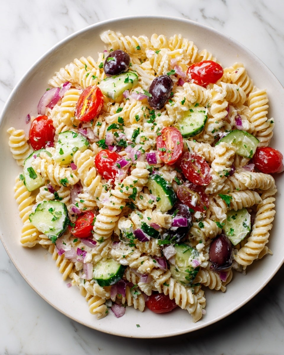 A white plate sits on a white marbled surface, filled with a detailed three-layer pasta salad. The base layer is creamy, thick, and light-colored spiral pasta. Scattered on top are fresh, bright red cherry tomato halves, small chunks of dark purple olives, vivid green cucumber slices, and small pieces of chopped red onion. The salad is lightly garnished with finely chopped green herbs and sprinkled with soft white cheese shreds over the entire dish. Photo taken with an iphone --ar 4:5 --v 7