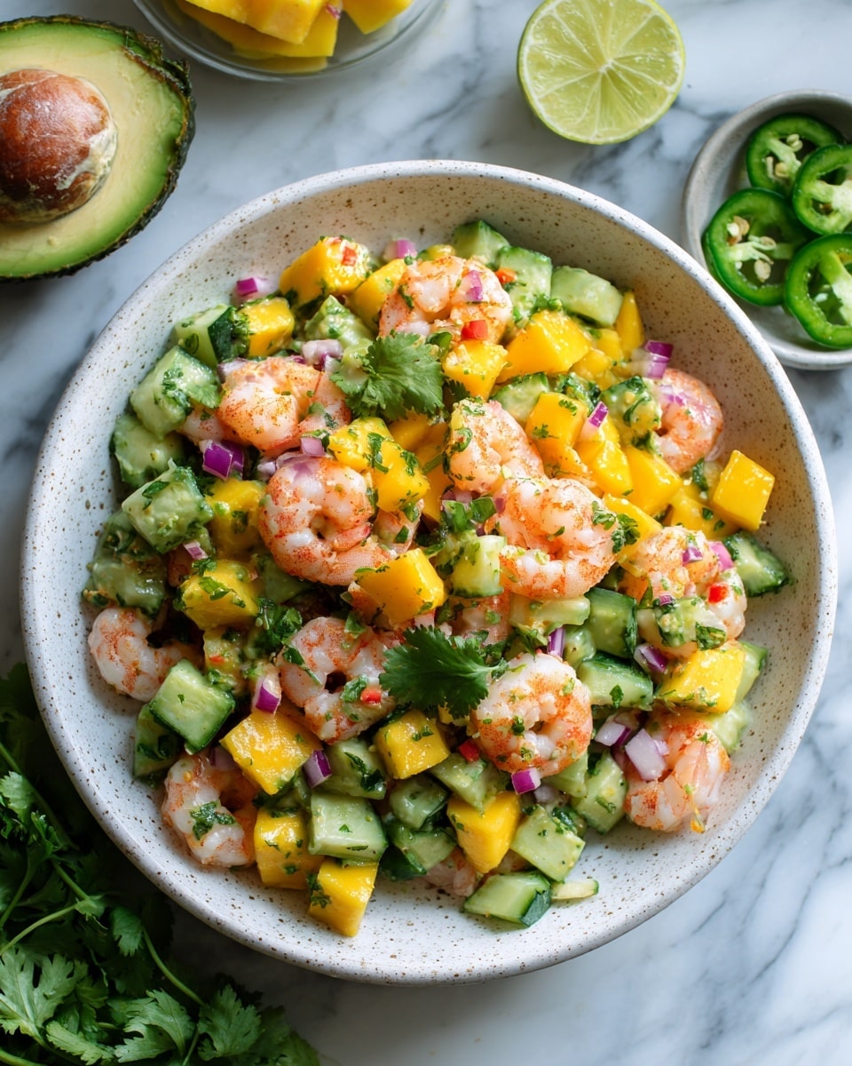 The dish is a colorful shrimp and mango salad served in a white speckled bowl. The salad has three main visible layers: bright orange-pink cooked shrimp scattered on top, vibrant yellow mango cubes, and light green cucumber chunks mixed evenly throughout. There are also small pieces of red onion and red bell pepper adding splashes of purple and red, with fresh green cilantro leaves sprinkled on top. The bowl sits on a white marbled surface, with a half avocado, a sliced mango, and a small green bowl of sliced jalapeño nearby in the background. photo taken with an iphone --ar 4:5 --v 7