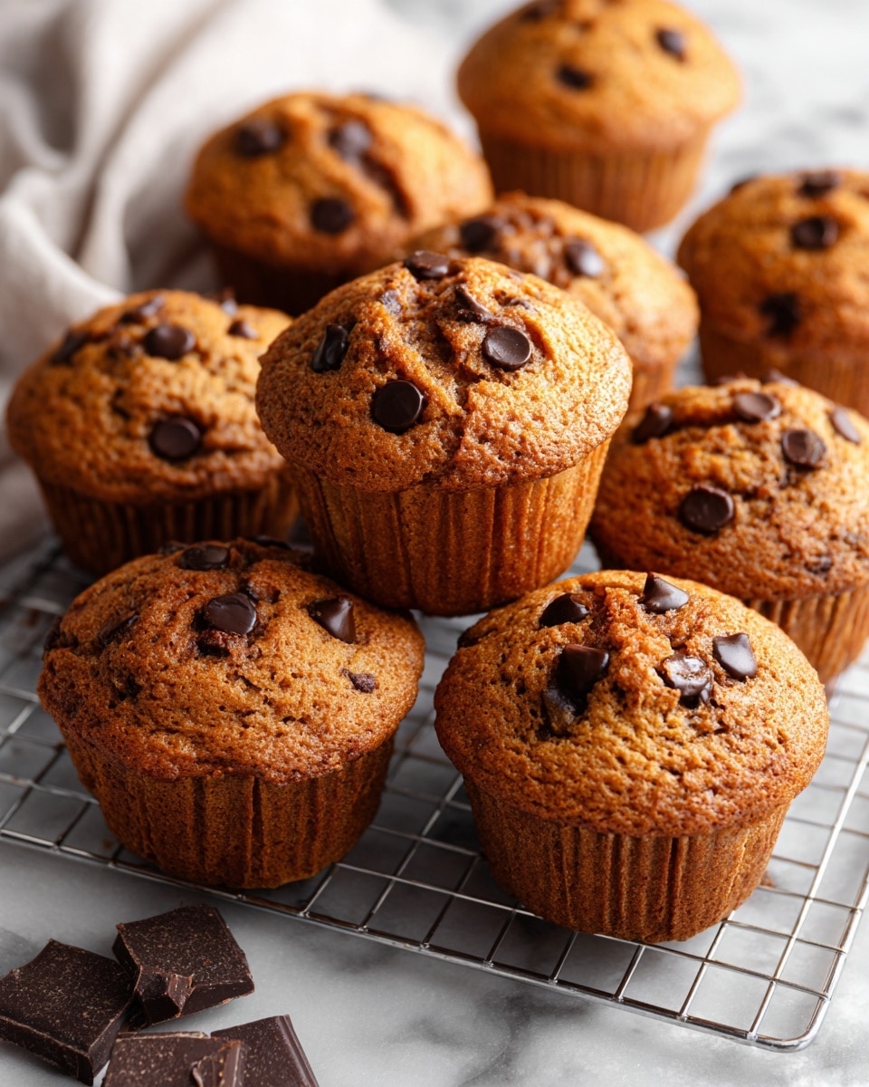 The image shows a group of golden-brown chocolate chip muffins, each about two layers high with a soft, slightly bumpy top dotted with glossy, dark chocolate chips. The muffins are arranged closely together on a cooling rack over a white marbled surface, with some broken pieces of chocolate near the bottom left corner. A white cloth is slightly visible on the left side, adding softness to the scene. The texture of the muffin tops is crumbly and inviting, with the chocolate chips scattered unevenly but generously on each muffin, giving a fresh, homemade feel. Photo taken with an iphone --ar 4:5 --v 7