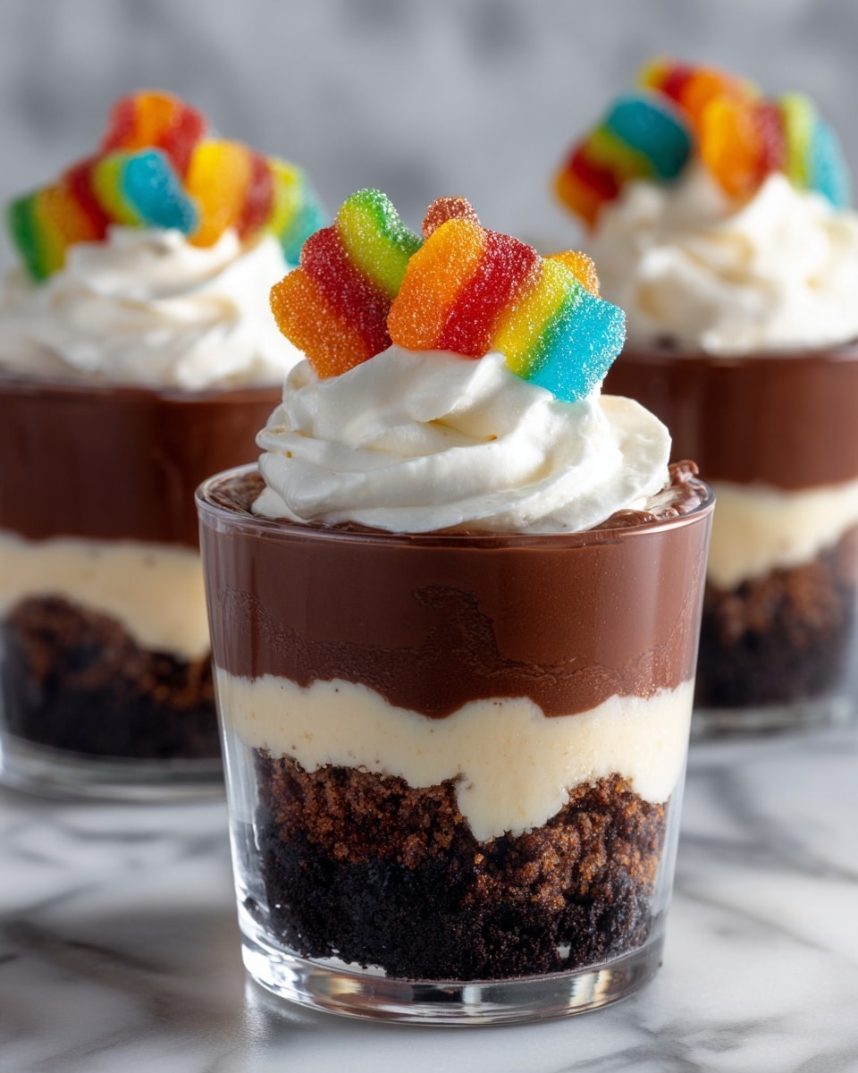 A clear cup shows a layered dessert with four main layers: the bottom layer is dark and crumbly like crushed cookies, the second layer is light and creamy, the third layer is smooth and rich chocolate, topped with a thick swirl of white whipped cream, decorated with colorful gummy worms placed on top. The background is a white marbled texture, with two similar cups blurred in the background. photo taken with an iphone --ar 4:5 --v 7