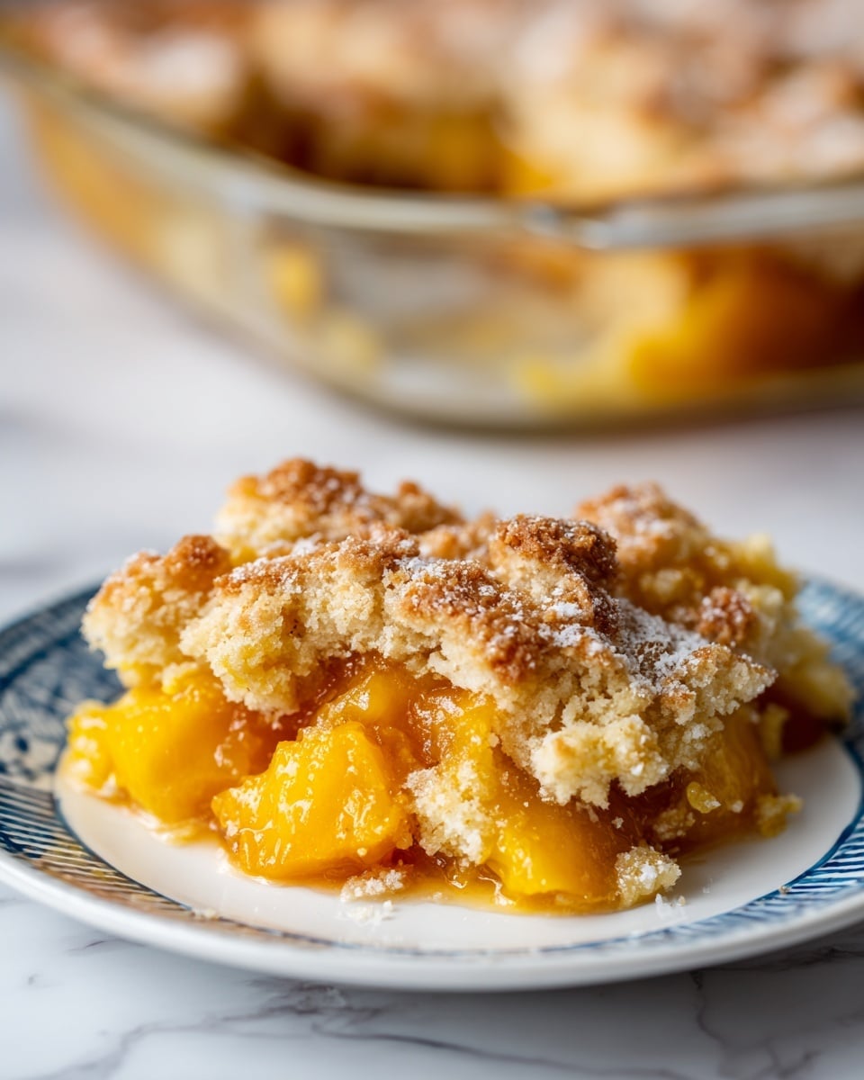 A close-up of a peach cobbler piece sits on a white plate with blue rings. The cobbler has two main layers: the bottom layer is orange and juicy peach slices with syrup visible between the pieces, while the top layer is golden-brown, crumbly biscuit crust with a slightly rough texture and a light dusting of sugar. In the background, a glass baking dish filled with more cobbler is slightly out of focus. The surface beneath the plate is a white marbled texture. Photo taken with an iphone --ar 4:5 --v 7