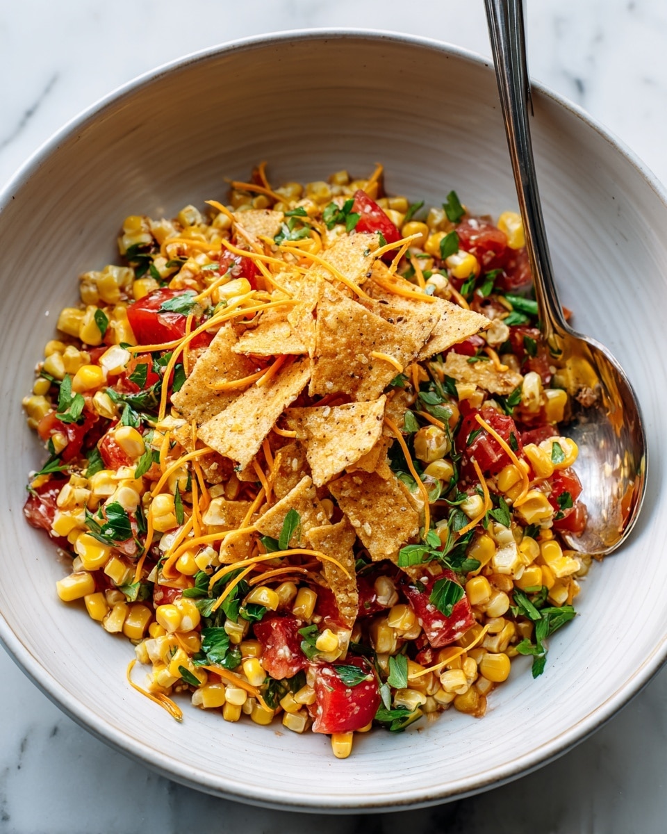 The image shows a close-up of a colorful layered salad in a white bowl on a white marbled surface. The bottom layer consists of yellow corn kernels mixed with small diced red tomatoes and finely chopped green herbs. On top, there is a layer of crushed golden-brown tortilla chips, adding a crunchy texture. The salad is sprinkled with shredded orange cheddar cheese, scattered unevenly across the surface. A silver spoon is partially submerged in the salad, suggesting it is ready to be served. photo taken with an iphone --ar 4:5 --v 7