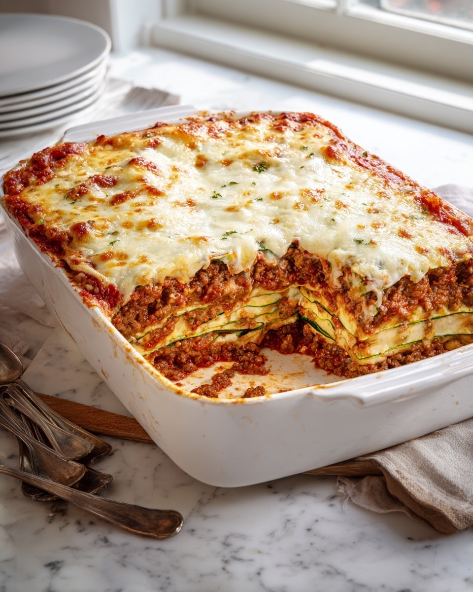 A white rectangular baking dish filled with zucchini lasagna, showing seven visible layers. The bottom layers alternate between green zucchini strips and a mix of browned ground beef with red marinara sauce. The top looks golden and slightly browned with bubbly melted cheese covering the surface. A triangular slice is missing, revealing the thickness and even layering inside. The dish sits on a white marbled countertop next to two silver forks and a wooden spoon. The natural light from a nearby window softly brightens the scene. photo taken with an iphone --ar 4:5 --v 7