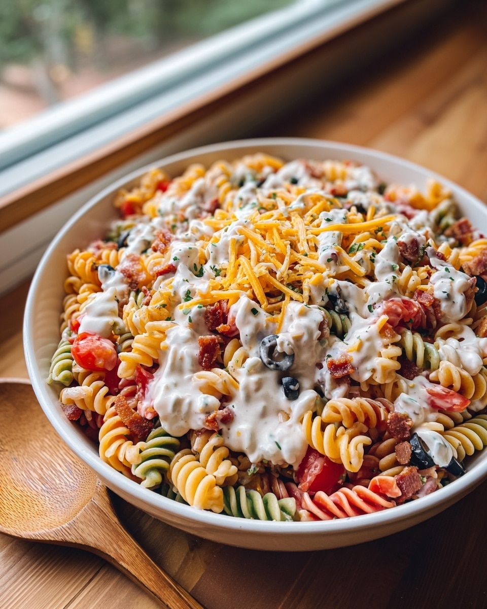 A white bowl is filled with colorful tri-color rotini pasta in layers that mix orange, green, and cream colors, topped with crispy bacon bits scattered evenly across. Diced red tomatoes add bright spots throughout, while thin slices of black olives are spread on top. Shredded yellow cheese is sprinkled lightly over the salad, and creamy ranch dressing is drizzled in thick white lines, adding a textured contrast. The bowl sits on a wooden surface next to a wooden spoon, with a window and green grass visible softly in the background against a white marbled texture. Photo taken with an iphone --ar 4:5 --v 7
