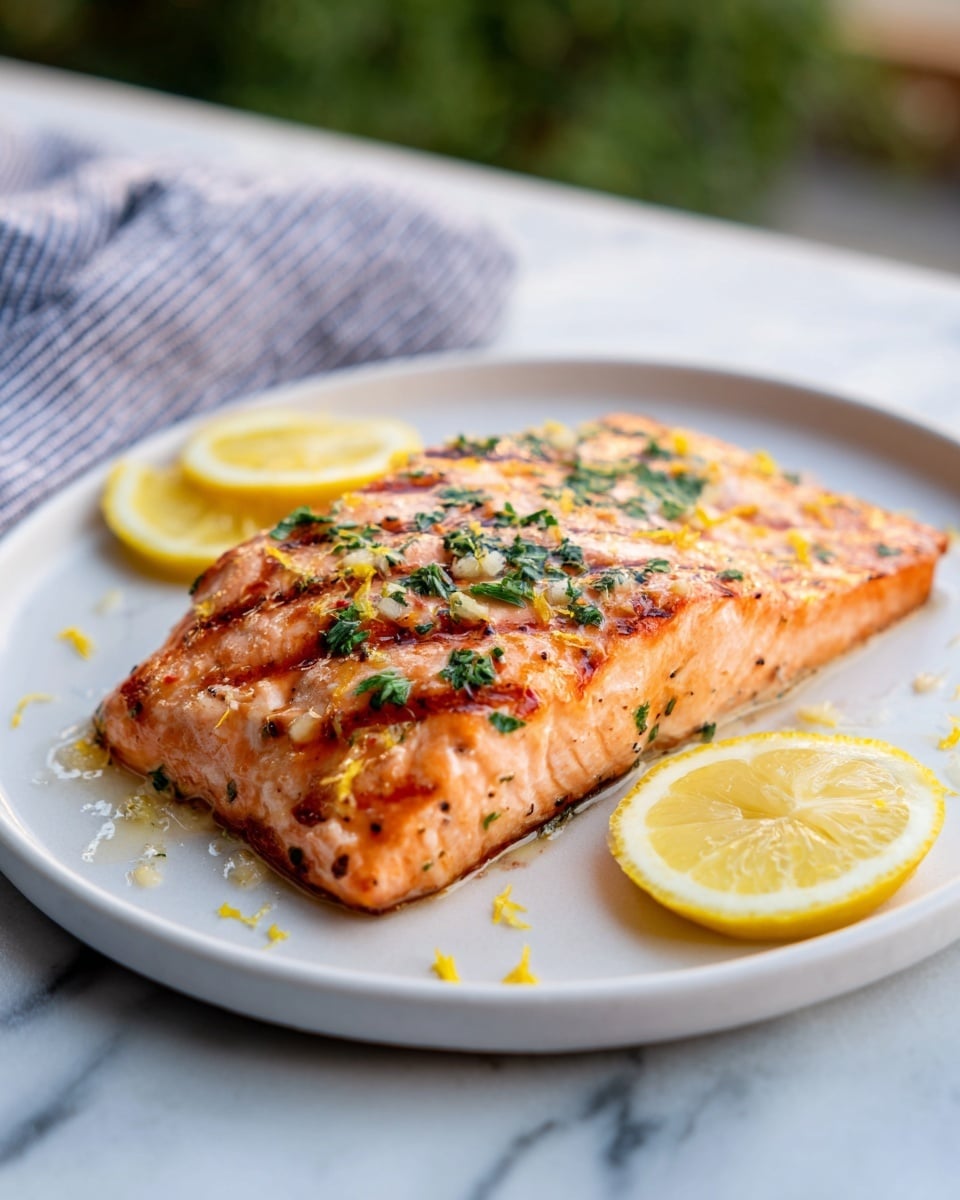 A single piece of grilled salmon with visible grill marks is placed in the middle of a white plate on a white marbled surface. The salmon is a warm pink-orange color with a glossy, slightly sticky texture, topped with small pieces of finely chopped green herbs and yellow lemon zest scattered all over. Two lemon wedges with bright yellow skin and pale yellow flesh rest on the plate's side. The background shows a blurred outdoor scene with a striped cloth near the plate, suggesting a casual dining setting. photo taken with an iphone --ar 4:5 --v 7
