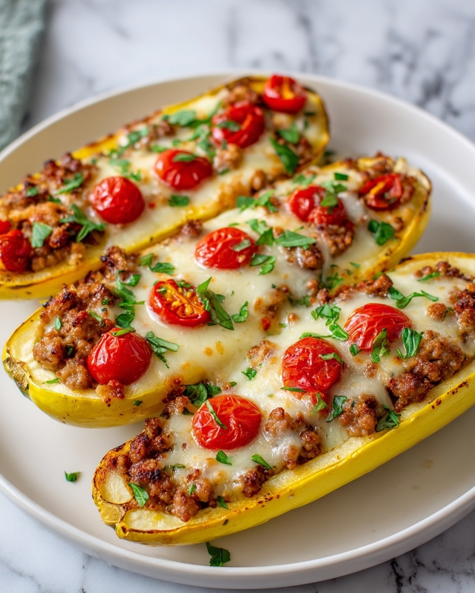 The image shows three stuffed yellow squash boats on a white plate, placed on a white marbled surface. Each squash boat has a golden brown, slightly crispy melted cheese layer on top with small bright red cherry tomato halves evenly scattered. Under the cheese, there is a layer of cooked ground meat with a crumbly texture. The squash itself is soft yellow with a slightly charred edge, and fresh chopped green herbs are sprinkled over everything for garnish. photo taken with an iphone --ar 4:5 --v 7