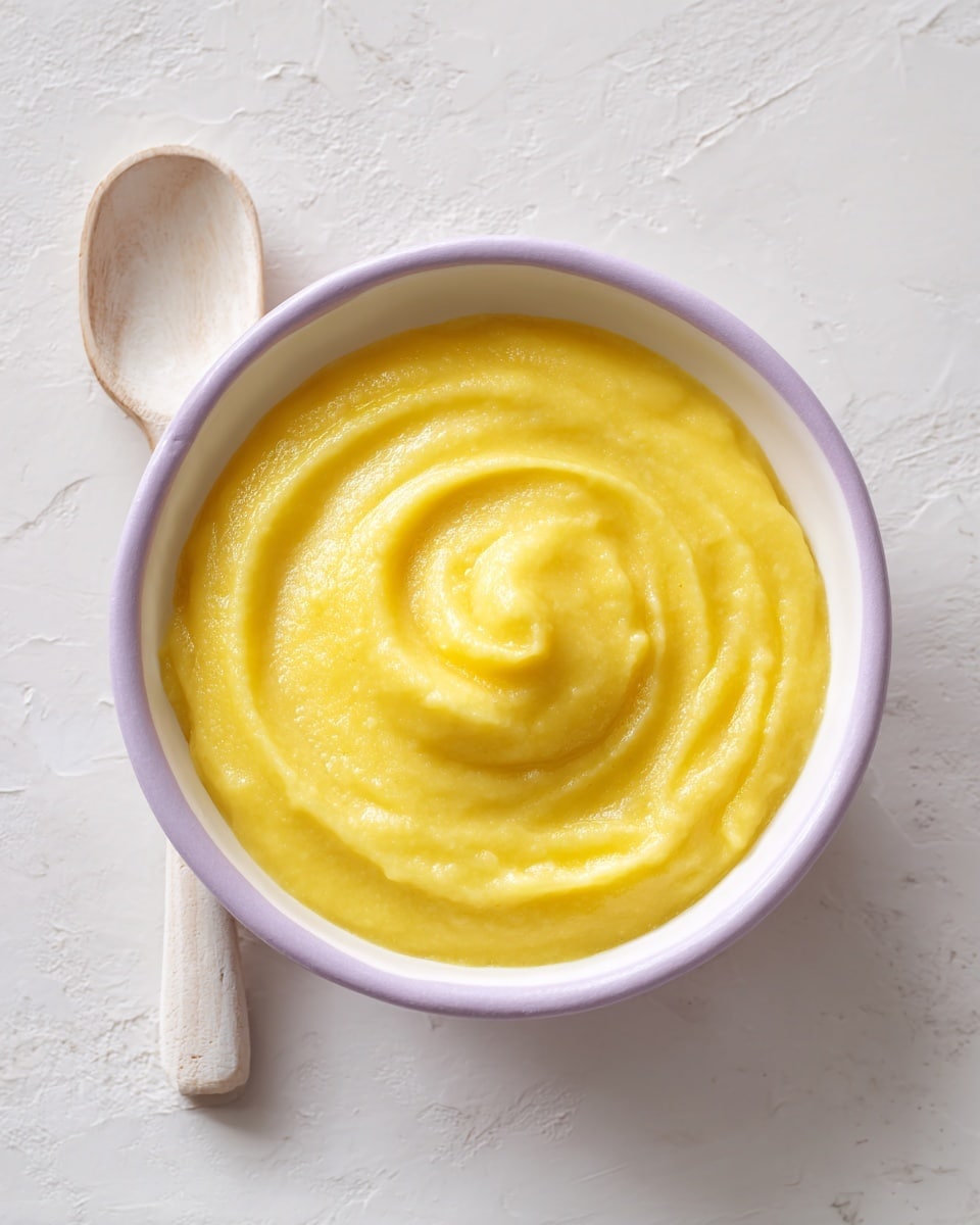 A bowl filled with smooth, thick yellow mashed substance with soft swirls on the surface, placed on a white marbled texture, the bowl is white with a light lavender outer rim, and beside it, part of a white wooden spoon is visible; photo taken with an iphone --ar 4:5 --v 7