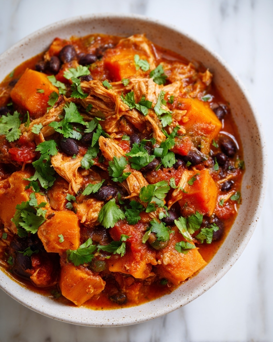 A close-up view of a bowl filled with a thick stew featuring several layers: large orange chunks of sweet potato, shredded light brown chicken pieces, and whole black beans mixed in a rich, reddish-brown tomato-based sauce. The stew is garnished with fresh green cilantro leaves scattered on top, adding a bright contrast. The bowl is white with a slight speckled texture, placed on a white marbled surface, highlighting the vibrant colors and textures of the stew. photo taken with an iphone --ar 4:5 --v 7