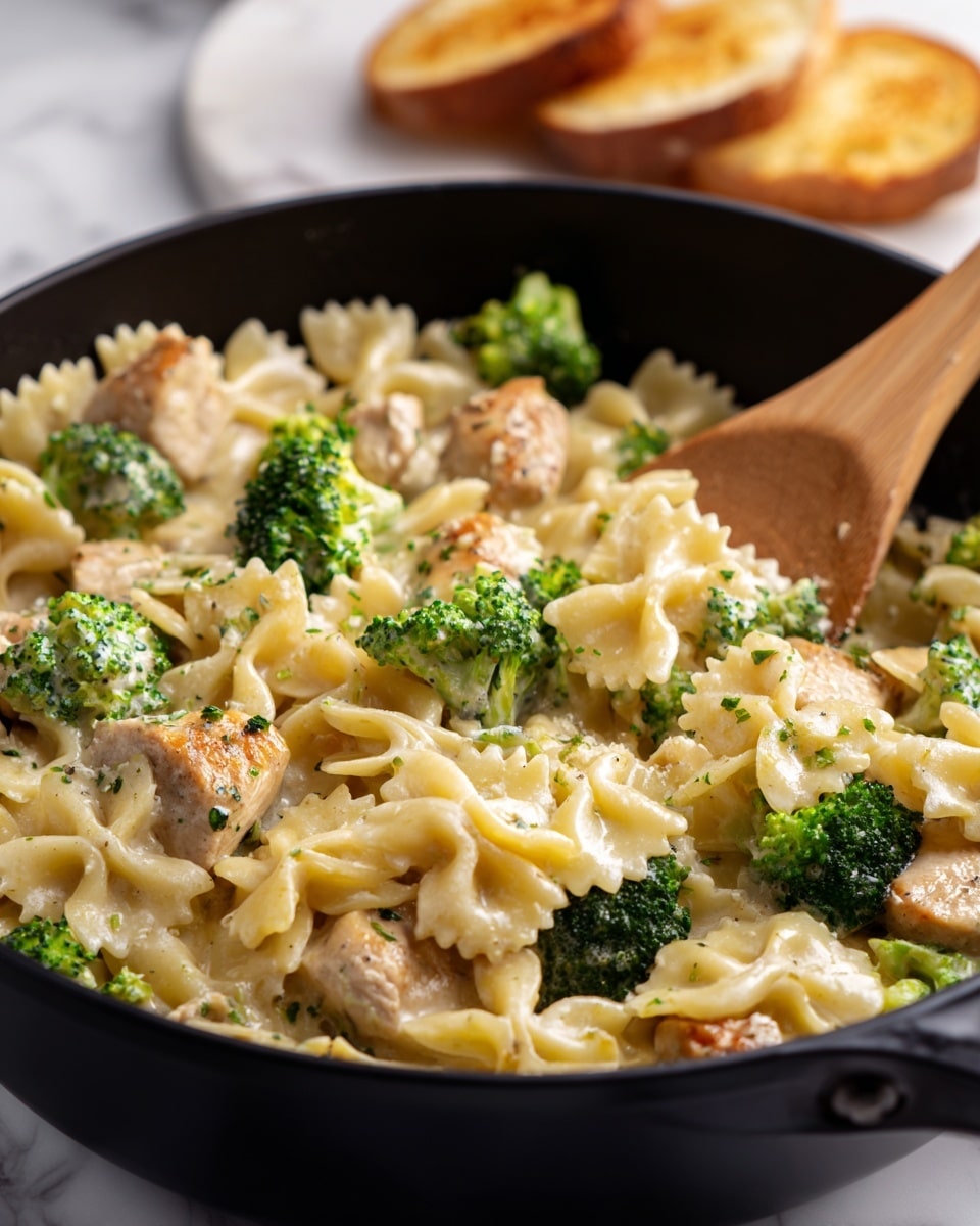 A black cast iron skillet holds creamy pasta made with three layers: the first layer is light yellow bow-tie pasta with a smooth, oily texture; the second layer has chunks of light brown cooked chicken mixed through; the third layer features bright green broccoli florets scattered evenly. The creamy sauce covers all elements with a glistening off-white color and a slightly thick texture. A wooden spoon rests on the right side, slightly embedded in the pasta, showing some sauce on its surface. In the top left corner of the image, slices of garlic bread with a golden crust are partially visible, resting on a white marbled surface. The entire scene sits on a white marbled background. photo taken with an iphone --ar 4:5 --v 7
