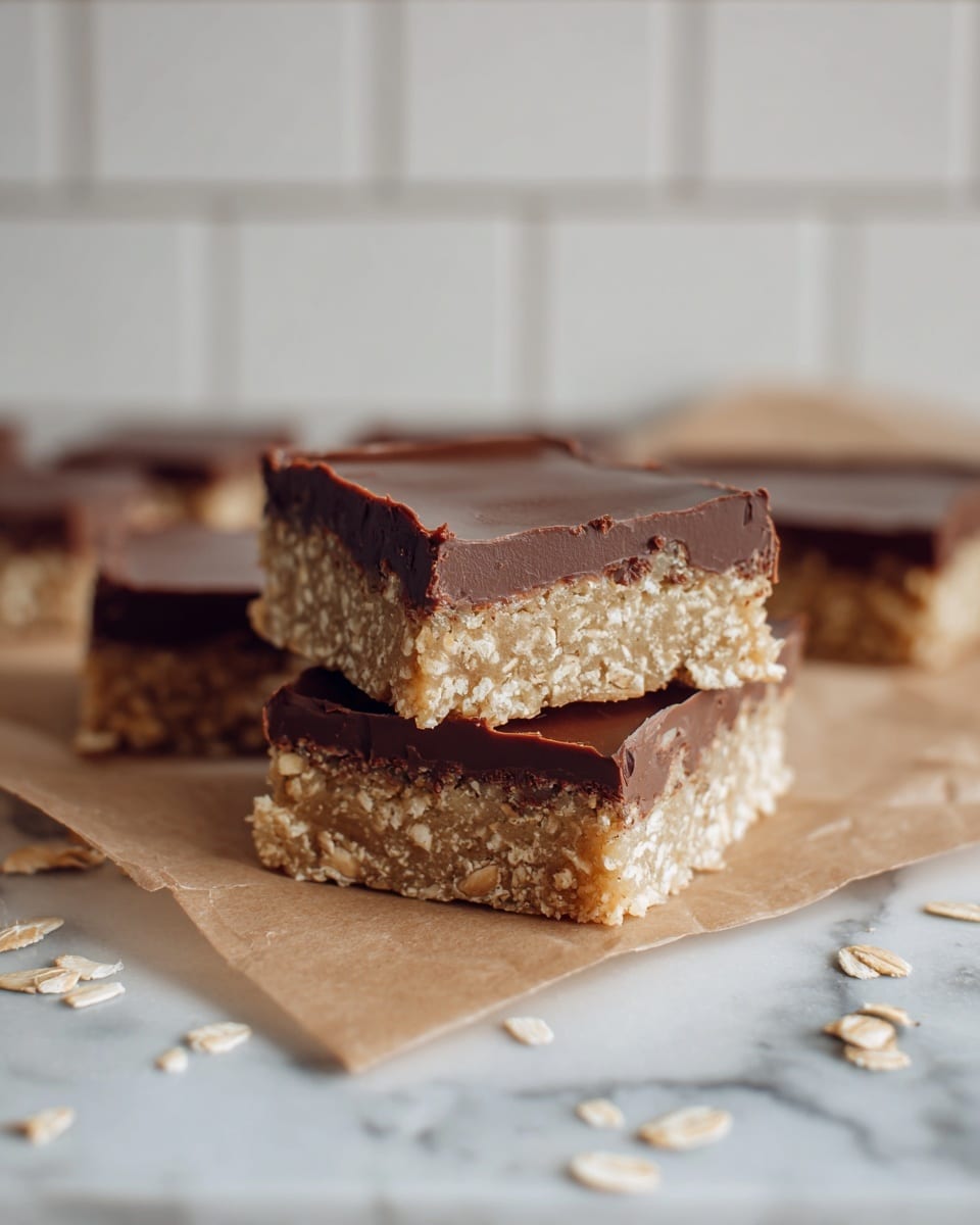 The image shows a close-up of stacked dessert bars with two clear layers: a thick, crumbly oat base in light beige, topped with a smooth, glossy chocolate layer in rich dark brown. The bars are cut into squares with clean edges, and the oat layer texture is coarse and grainy, contrasting with the shiny, slightly uneven top chocolate surface. The squares rest on a piece of brown parchment paper, placed against a white marbled surface with scattered oat flakes visible around. The background has soft white tiles with a subtle grid pattern, giving a clean and simple kitchen feel. photo taken with an iphone --ar 4:5 --v 7