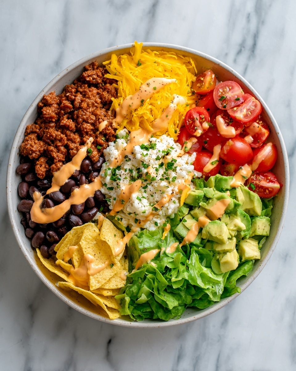 A bowl with six distinct sections arranged in a circular pattern on a white marbled surface. Starting from the left, there is a layer of cooked minced meat, dark brown and crumbly, topped with a drizzle of light orange sauce and small green herb leaves. Next to it, there is a bright yellow shredded cheese layer with the same sauce drizzled on top. In the center, a mound of white cottage cheese with a slightly lumpy texture is spread thickly, also drizzled with the light orange sauce and sprinkled with green herbs and black pepper. Moving clockwise, fresh green lettuce leaves provide a crisp appearance, followed by halved red cherry tomatoes with visible seeds. Adjacent to the tomatoes, there are pale yellow triangular tortilla chips. Next to the chips, there are chunks of light green avocado sprinkled with black pepper and herbs. Finally, black beans make up another section, also featuring drizzles of the light orange sauce and a touch of black pepper. photo taken with an iphone --ar 4:5 --v 7