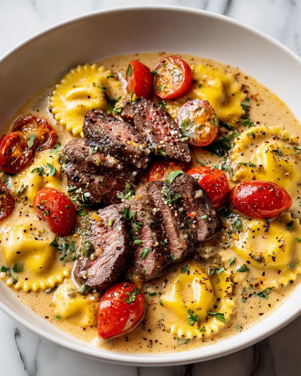 Steak and Ravioli with Creamy Garlic Herb Sauce Recipe