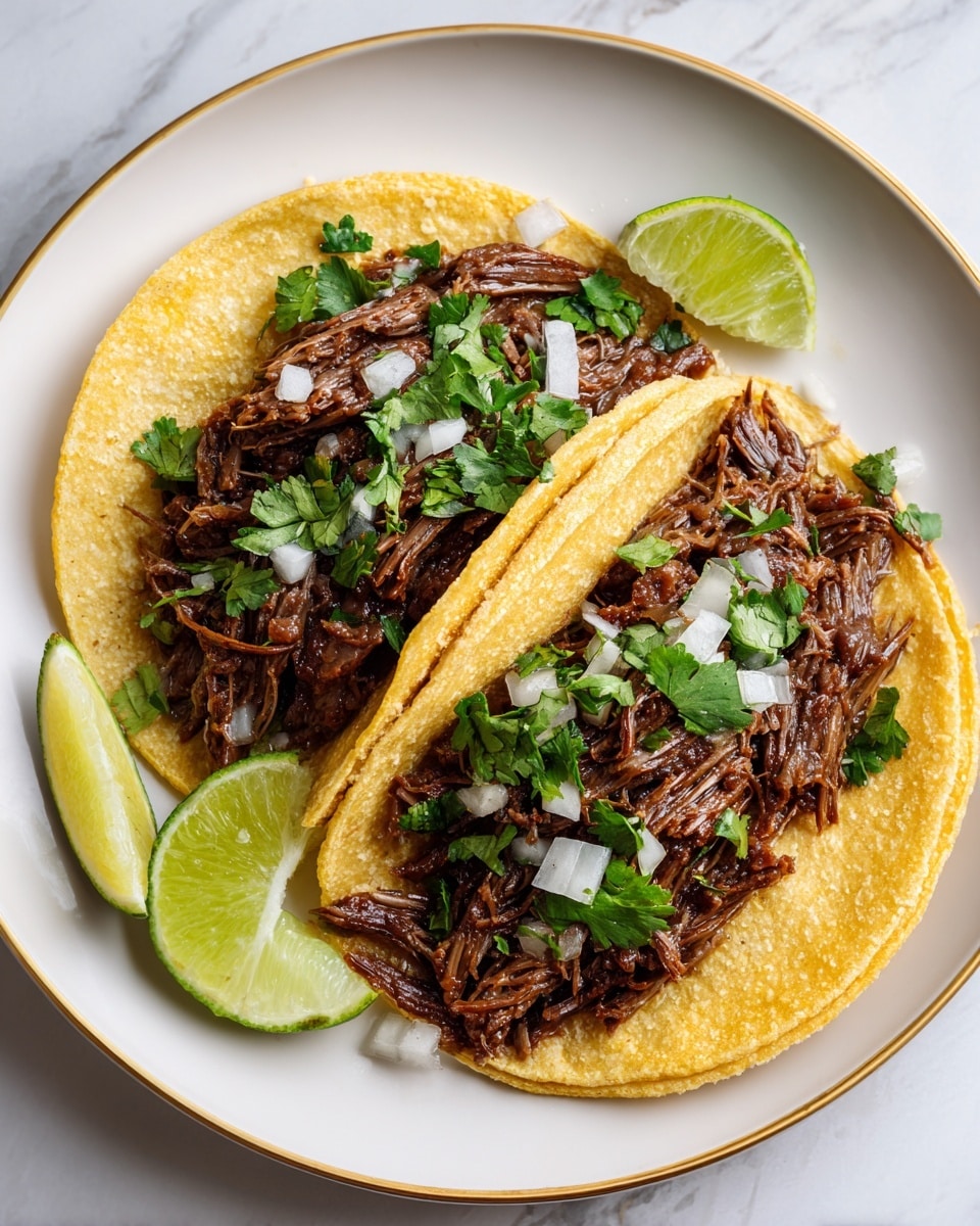 Two soft yellow corn tortillas lie flat on a white plate with a thin gold rim, each filled with a generous pile of shredded dark brown beef. The beef looks tender and juicy, topped with small pieces of white onion and scattered green cilantro leaves. On the left side of the plate are two lime wedges, their bright green skin and pale green flesh adding a fresh touch. The plate rests on a white marbled surface. photo taken with an iphone --ar 4:5 --v 7
