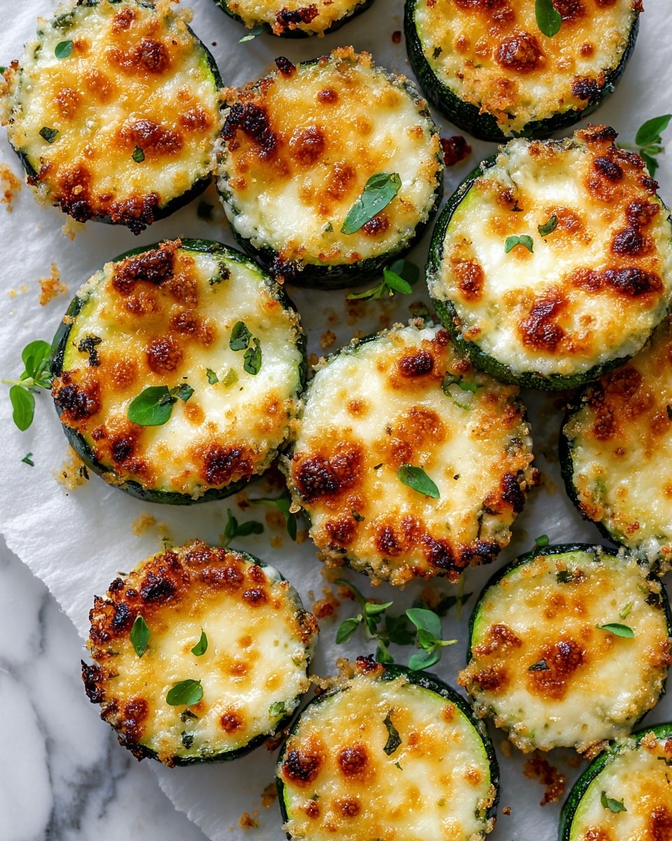 The image shows multiple round slices of zucchini topped with melted and golden brown cheese and sprinkled with light-colored breadcrumbs. Each zucchini slice has a dark green outer skin with a soft, light yellow center covered by a bubbly, slightly crispy cheese layer that has browned edges. The slices are arranged tightly on white parchment paper over a white marbled surface, with a few green herb leaves scattered on top, adding a fresh touch. The overall texture is crispy on top and tender underneath. photo taken with an iphone --ar 4:5 --v 7