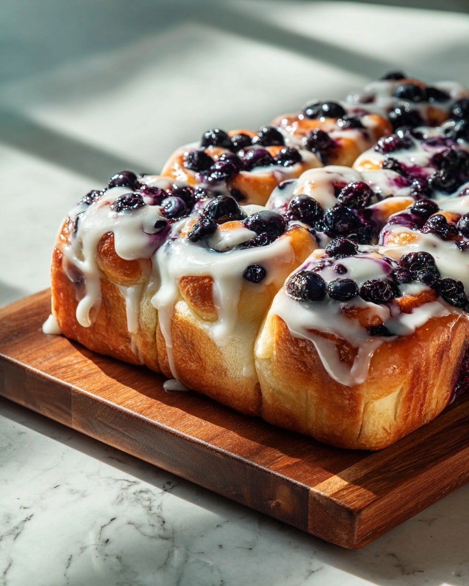 The image shows a square blueberry cinnamon roll cake with a puffy golden-brown dough base that is soft and airy. The dough is divided into about 20 small round rolls closely packed together in four rows, each topped with whole blueberries that are deep purple and some slightly bursting with juice. Between the rolls, white icing is generously drizzled, thick and glossy, covering parts of the dough and pooling around the berries. The cake sits on a wooden board placed on a white marbled textured surface, and sunlight casts soft shadows highlighting the glossy texture of the icing and the moist look of the blueberries. Photo taken with an iphone --ar 4:5 --v 7
