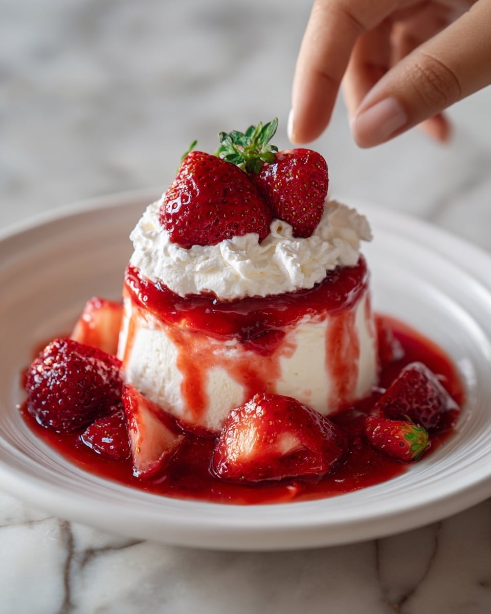 The image shows a close-up of a dessert with three visual layers. The bottom layer is white and creamy with a soft, fluffy texture. On top of that is a thick, bright red sauce that looks smooth and glossy, spread unevenly. The top layer consists of whole fresh strawberries soaked in a shiny, thick red syrup, placed in the center and around the edges. The dessert is on a white plate with a white marbled surface in the background. Photo taken with an iphone --ar 4:5 --v 7