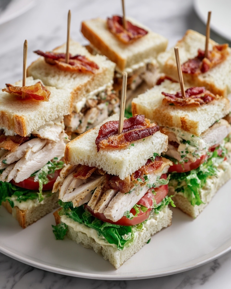 A white plate holds six sandwich quarters arranged in two rows of three, each sandwich cut evenly and held together by wooden skewers. Each sandwich has three layers of white toasted bread with a golden-brown crust. The bottom layer has fresh green leafy lettuce, bright red tomato slices, and creamy light yellow sauce. The middle layer contains thick, white grilled chicken slices topped with crispy golden-brown bacon strips and more leafy green lettuce. The top layer features another slice of tomato and a piece of crispy bacon, all held nicely between the toasted bread slices. The plate sits on a white marbled surface. photo taken with an iphone --ar 4:5 --v 7