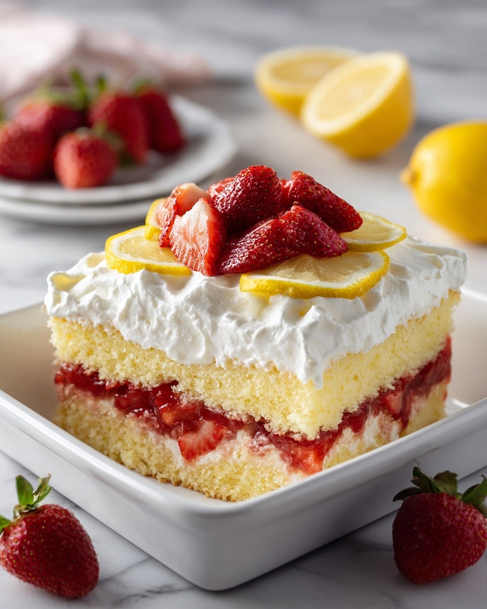 A white rectangular dish holds a layered dessert with three clear layers: a yellow sponge cake base, a middle layer of red strawberry jelly or sauce, and a thick, fluffy white whipped cream topping that covers the entire surface with soft swirls. On top, halved fresh bright red strawberries are arranged in the center, surrounded by thin lemon slices placed sporadically. A section of the dessert is cut out, revealing the distinct layers inside. The dish is set on a white marbled surface with a few whole strawberries nearby, and a blurry plate with strawberries and a lemon wedge in the background. Photo taken with an iphone --ar 4:5 --v 7