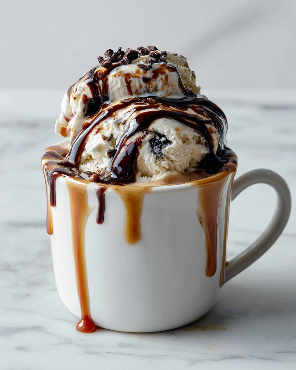 The image shows a white mug filled with a dessert that has several layers. The bottom layer appears to be a light brown drink or dessert base. Above it is a large scoop of creamy white vanilla ice cream, with visible bits of dark chocolate embedded in it. The ice cream is topped with thick swirls of dark chocolate syrup and a light brown caramel sauce, creating a rich and messy look. Some syrup drips down the sides of the mug. The mug is placed on a white marbled surface, adding to the clean and bright setting. Photo taken with an iphone --ar 4:5 --v 7