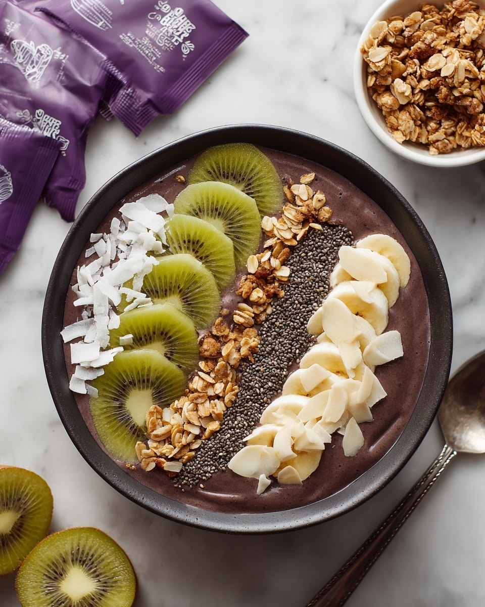 A black bowl filled with dark purple acai smoothie serves as the base layer, topped with five neat rows of different toppings: shredded white coconut on the left, bright green kiwi slices next to it, golden granola in the middle, tiny black chia seeds beside that, and pale sliced almonds on the right. At the bottom right side of the bowl, there is a layer of round, yellow banana slices sprinkled lightly with chia seeds. The bowl is placed on a white marbled surface with loose banana slices, a halved kiwi, and two purple acai berry pouches around it. Nearby, a small white bowl holds extra granola. Photo taken with an iphone --ar 4:5 --v 7