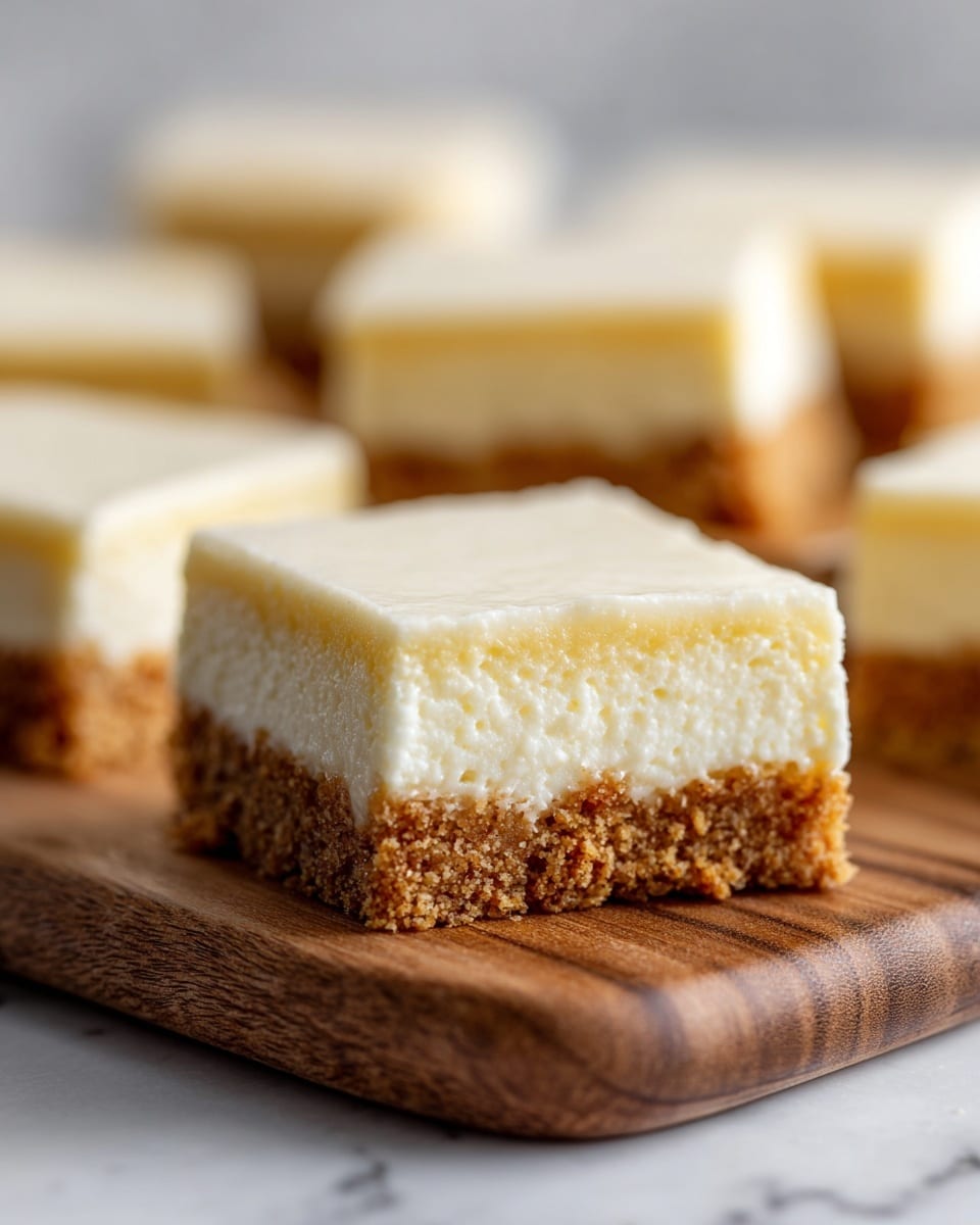 A close-up of square dessert bars arranged on a wooden board, each piece having two layers: a thick, creamy white layer on top with a smooth and slightly fluffy texture, and a firm, crumbly golden brown base layer below. The bars are neatly cut, with one piece in the front in sharp focus and the others softly blurred in the background. The board is set on a white marbled surface with a dark gray blurred backdrop. photo taken with an iphone --ar 4:5 --v 7