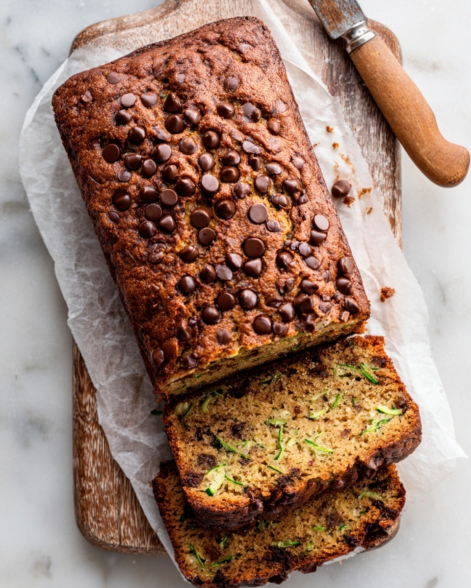 A loaf of golden brown bread studded with many small dark chocolate chips is sliced on a white marbled surface. The bread has a rough, crumbly texture with visible specks of green inside, showing a soft, moist inside. The top of the loaf is cracked, revealing more chocolate chips inside. A white parchment paper lies under the bread, and a knife with a wooden handle is placed next to it. Scattered chocolate chips are visible around the bread. Photo taken with an iphone --ar 4:5 --v 7