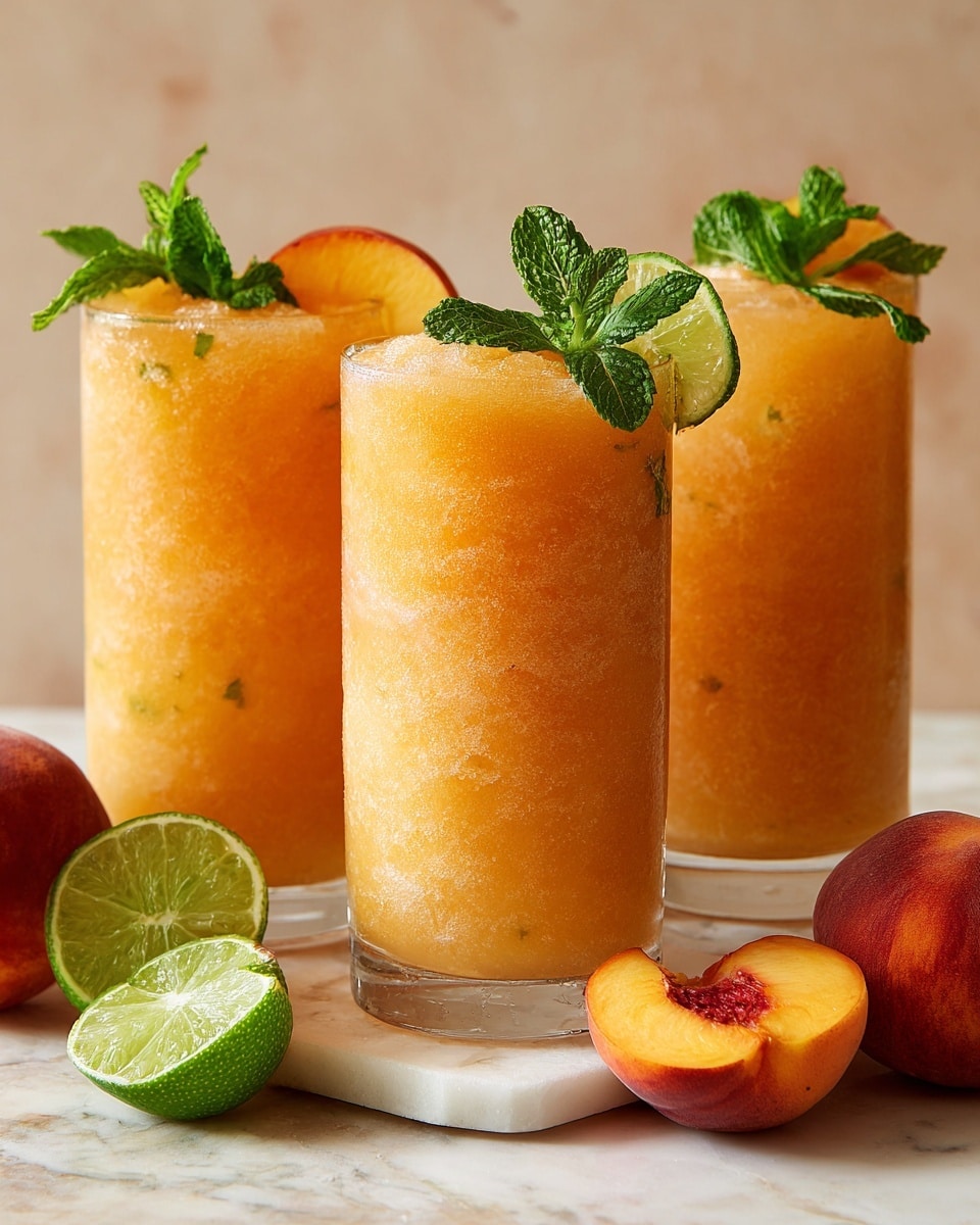 Three tall clear glasses hold a thick, peach-colored frozen drink filling each glass to the brim. Each glass is topped with a garnish consisting of two peach slices, a fresh green mint sprig, and a thin lime slice placed on the rim. The drinks have a frosty, icy texture that looks smooth and cold. The glasses stand on a white marbled surface with whole and sliced peaches and lime wedges scattered around for decoration. The background is a soft, light beige color. Photo taken with an iphone --ar 4:5 --v 7