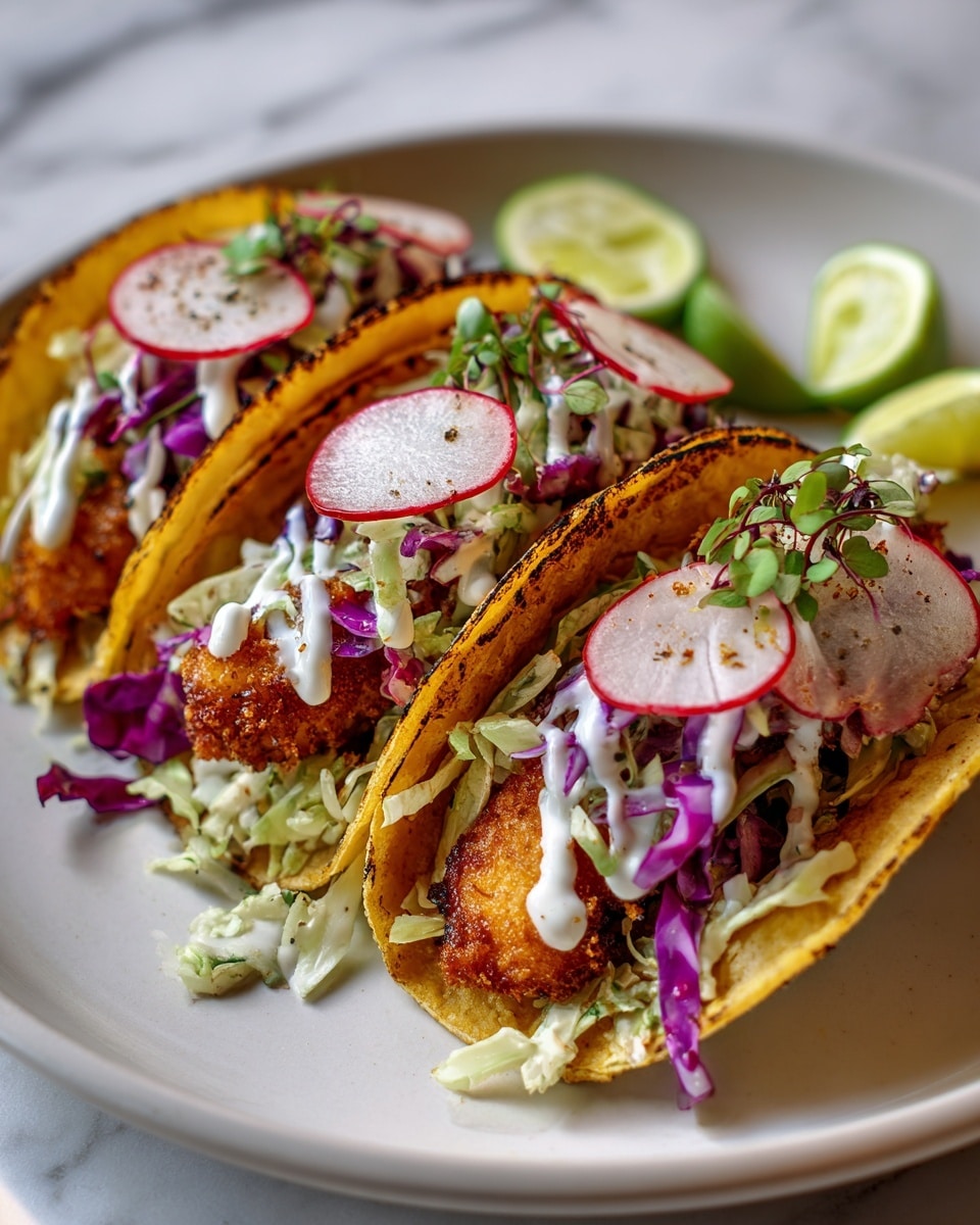 The image shows three fish tacos arranged side by side on a white plate. Each taco has a crispy golden-brown fried fish piece as the bottom layer, topped with a mix of shredded white and purple cabbage. Above the cabbage, there is a smooth white sauce drizzled generously, followed by thin, round slices of radish with red edges laid on top. The tacos are sprinkled with chopped green herbs, adding a fresh touch. Alongside the tacos on the plate are wedges of lime with vibrant green skin, all placed on a white marbled surface. photo taken with an iphone --ar 4:5 --v 7