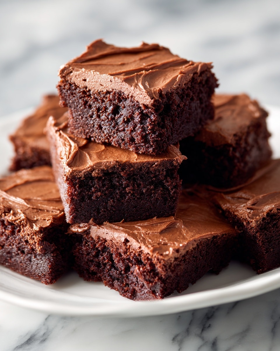 The image shows a white plate stacked with five rich, moist chocolate brownies arranged in a small pyramid. Each brownie has a thick layer of glossy, smooth chocolate frosting on top with subtle swirls, while the inside looks dense and fudgy with a slightly crumbly texture. The brownies' dark brown color contrasts with the white plate and the white marbled surface below. The overall look is simple but inviting, highlighting the fudgy texture and creamy frosting of the brownies. Photo taken with an iphone --ar 4:5 --v 7