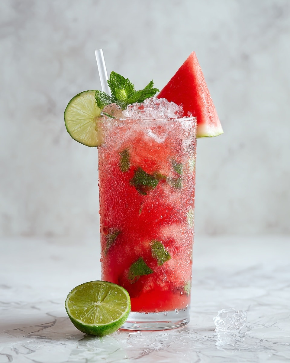 A clear glass filled with bright red watermelon cubes and fresh green mint leaves layered inside, topped with crushed ice that looks frosty and wet on the glass surface, garnished at the top with a sprig of vibrant green mint, a thin slice of lime, and a small triangular slice of watermelon, with a white straw inserted near the lime slice, all placed on a white marbled surface with a blurred light background, photo taken with an iphone --ar 4:5 --v 7