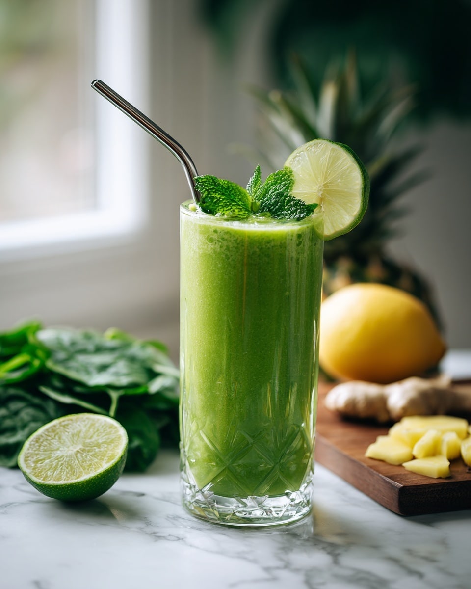 A tall clear glass filled with a smooth, bright green smoothie sits on a white marbled surface. The surface of the smoothie is slightly textured with tiny bubbles, topped with a slice of lime resting on the rim of the glass, which also has a small sprig of fresh green mint next to it. A silver metal straw leans inside from the right side of the glass. In the soft background, there are fresh green spinach leaves, a half lemon with a yellow interior, ginger root, some green apples, and pineapple chunks placed on a wooden cutting board near a bright window. photo taken with an iphone --ar 4:5 --v 7