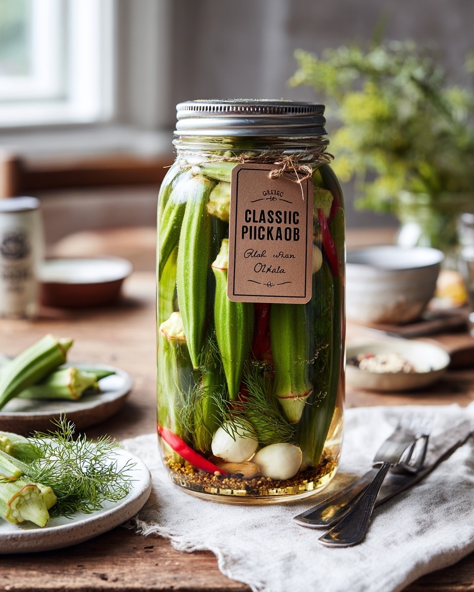 A clear glass jar filled with green pickled okra, whole garlic cloves in white, and small red chili peppers all submerged in a yellowish pickling liquid. The jar has a shiny metal lid and a beige tag attached with string saying