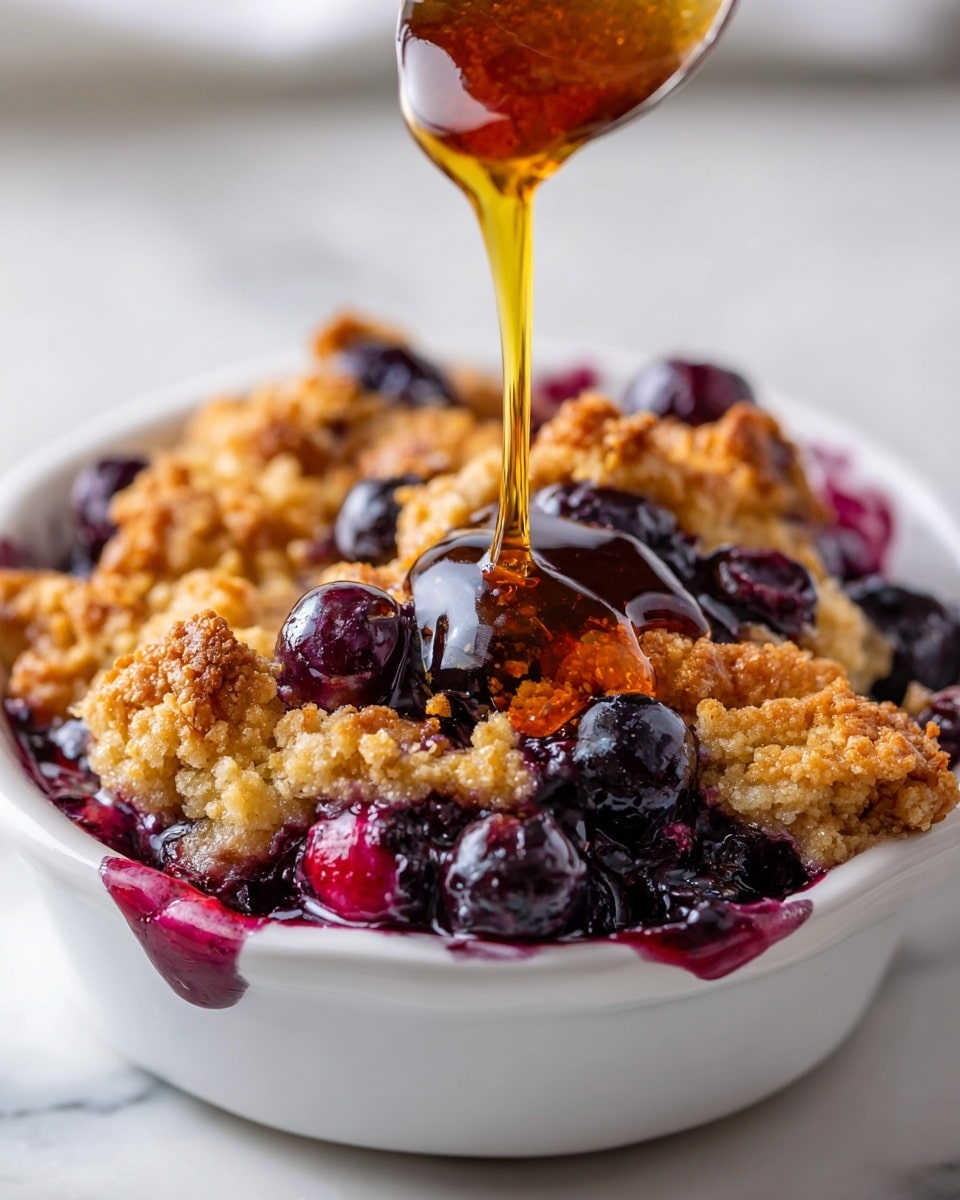 A close-up view of a white ceramic bowl filled with a baked dessert showing three layers: the bottom layer is dark purple blueberry filling with whole blueberries, the middle layer is a golden-brown crumbly texture that looks baked and slightly puffy, and the top layer consists of light golden brown crust pieces scattered unevenly with more blueberries peeking through. A golden syrup is being poured onto the top center of the dessert, creating a shiny, glistening effect and dripping slightly down the side of the bowl. The bowl is set against a white marbled textured background. photo taken with an iphone --ar 4:5 --v 7