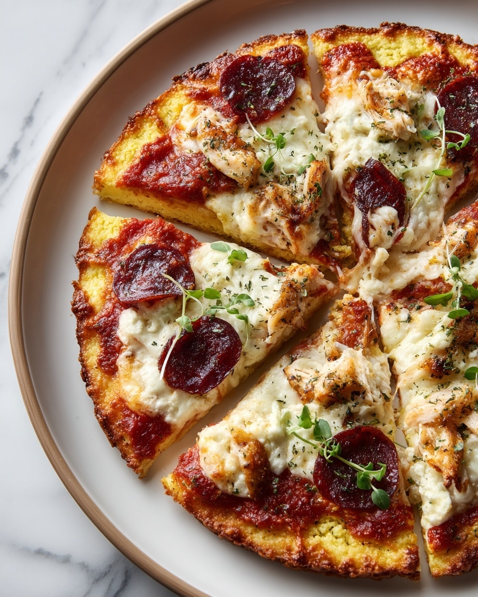A small pizza sliced into four parts sits on a white plate with a light brown rim, placed on a white marbled texture. The pizza has a thick, slightly crumbly yellow crust. The bottom layer is bright red tomato sauce, topped by melted white cheese that stretches over the sauce in uneven patches. Scattered on top are thin slices of dark red pepperoni and white pieces of grilled chicken, with a sprinkling of dried herbs. Small green leaves are spread lightly across the pizza for garnish. photo taken with an iphone --ar 4:5 --v 7