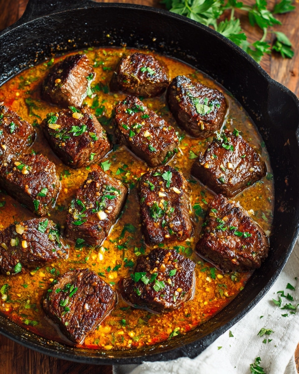 A black cast iron pan filled with browned beef cubes cooked in a golden, oily garlic and herb sauce with visible small green herb pieces and crushed red pepper flakes. The beef pieces have a rich, caramelized crust and are arranged in a single layer, slightly overlapping. The pan sits on a wooden surface with some green parsley sprigs around and a beige cloth partially visible at the bottom right. Photo taken with an iphone --ar 4:5 --v 7