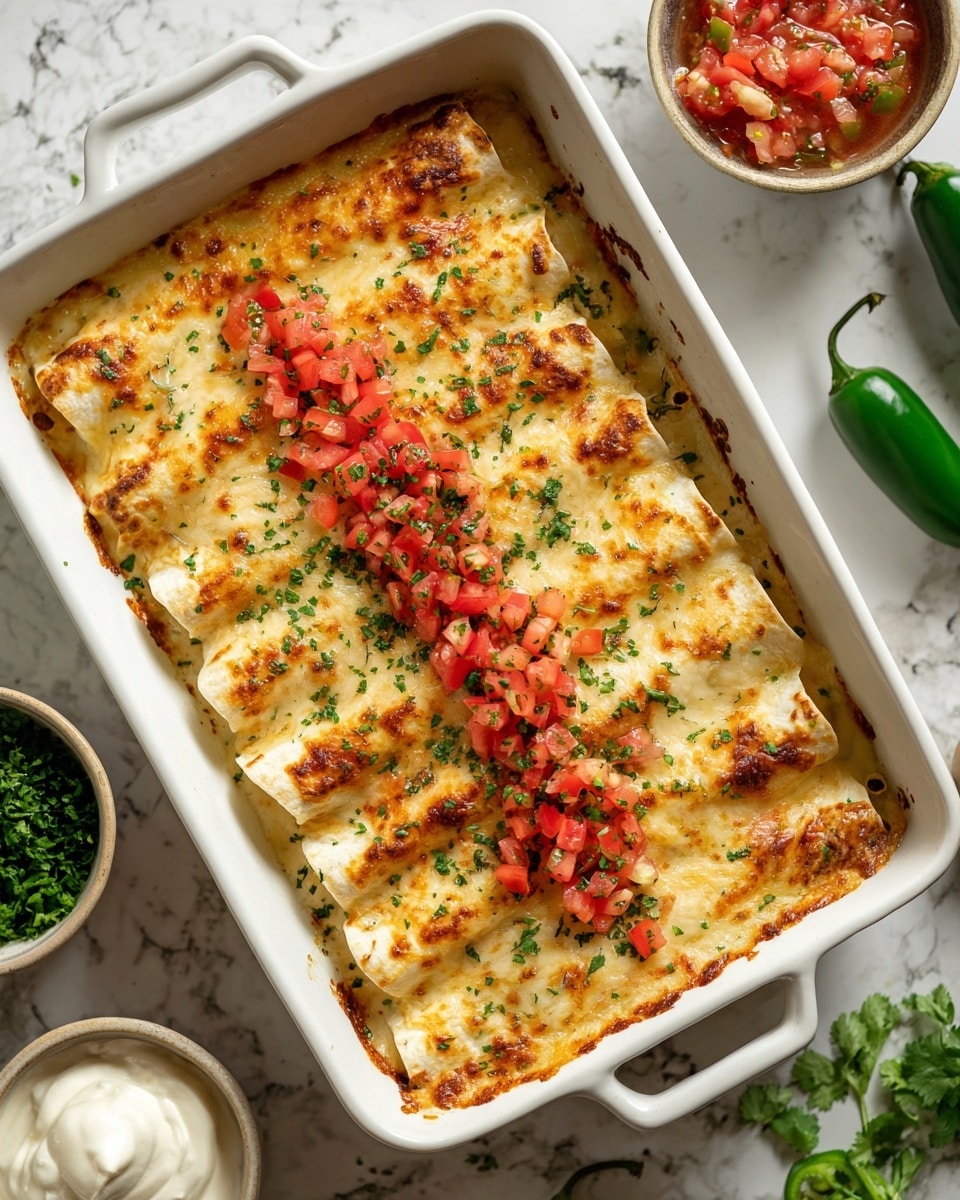 A white rectangular baking dish holds a single layer of six rolled enchiladas covered in creamy melted cheese with golden brown spots on top. The enchiladas stand side by side, slightly overlapping, with a smooth light brown sauce spread evenly beneath and around them. The top layer is scattered with diced bright red tomatoes, small bits of green bell pepper, and finely chopped fresh herbs, giving a fresh and colorful look. Around the dish, small wooden bowls hold chopped green jalapeños, red salsa, and white sour cream, all placed on a white marbled surface along with whole green jalapeños and slices. Photo taken with an iphone --ar 4:5 --v 7